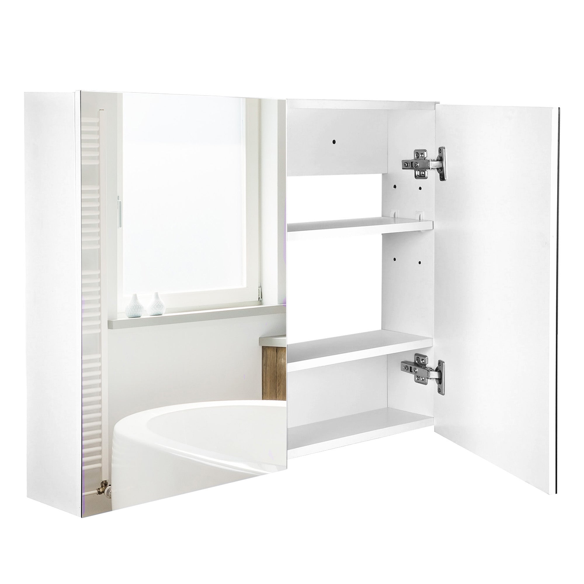 HOMCOM Double Door Wall Mounted Glass Mirror Cabinet Modern Storage Unit Bathroom Shelf Organiser Waterproof Wooden Frame 80Wx15Dx60H(cm)