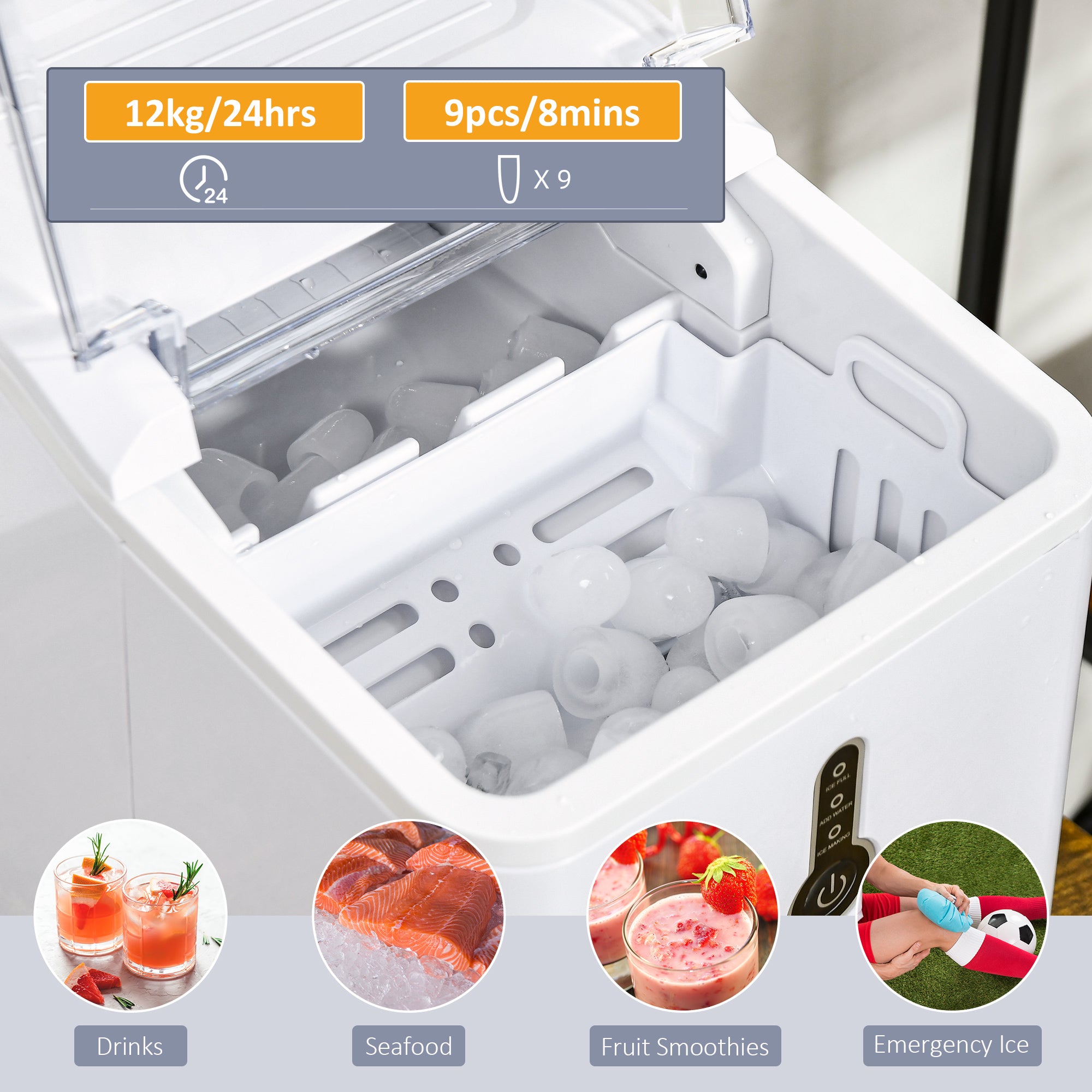 HOMCOM Ice Maker Machine, 1.5L Countertop Ice Cube Maker with Self-Cleaning, 9 Cubes Ready in 8 Mins, 12kg in 24 Hrs, No Plumbing with Basket, White - North Peak Garden Furniture