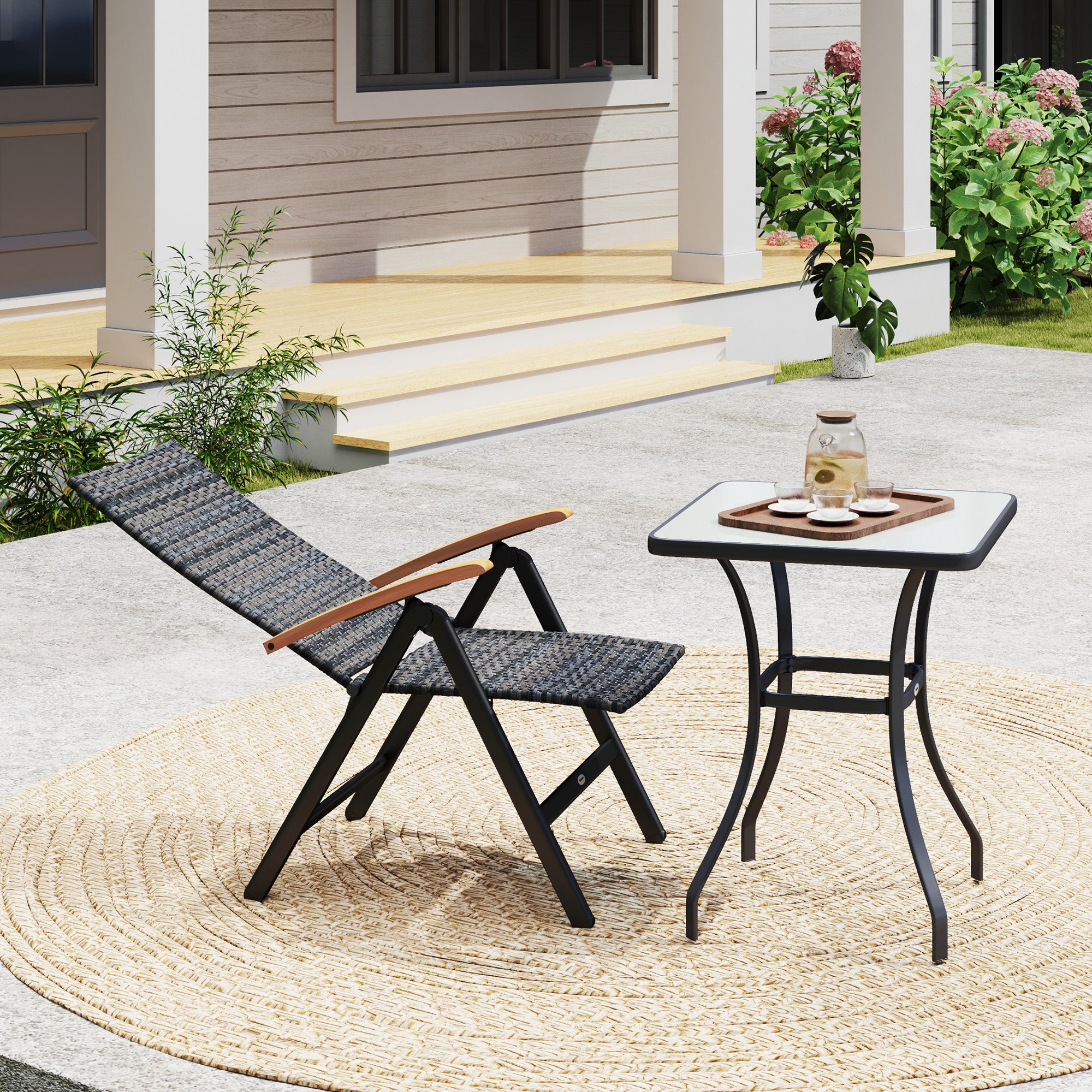 Outsunny Outdoor Folding Rattan Chair with Armrests, High Backrest, for Garden, Camping, Balcony, Porch - Mixed-grey - North Peak Garden Furniture