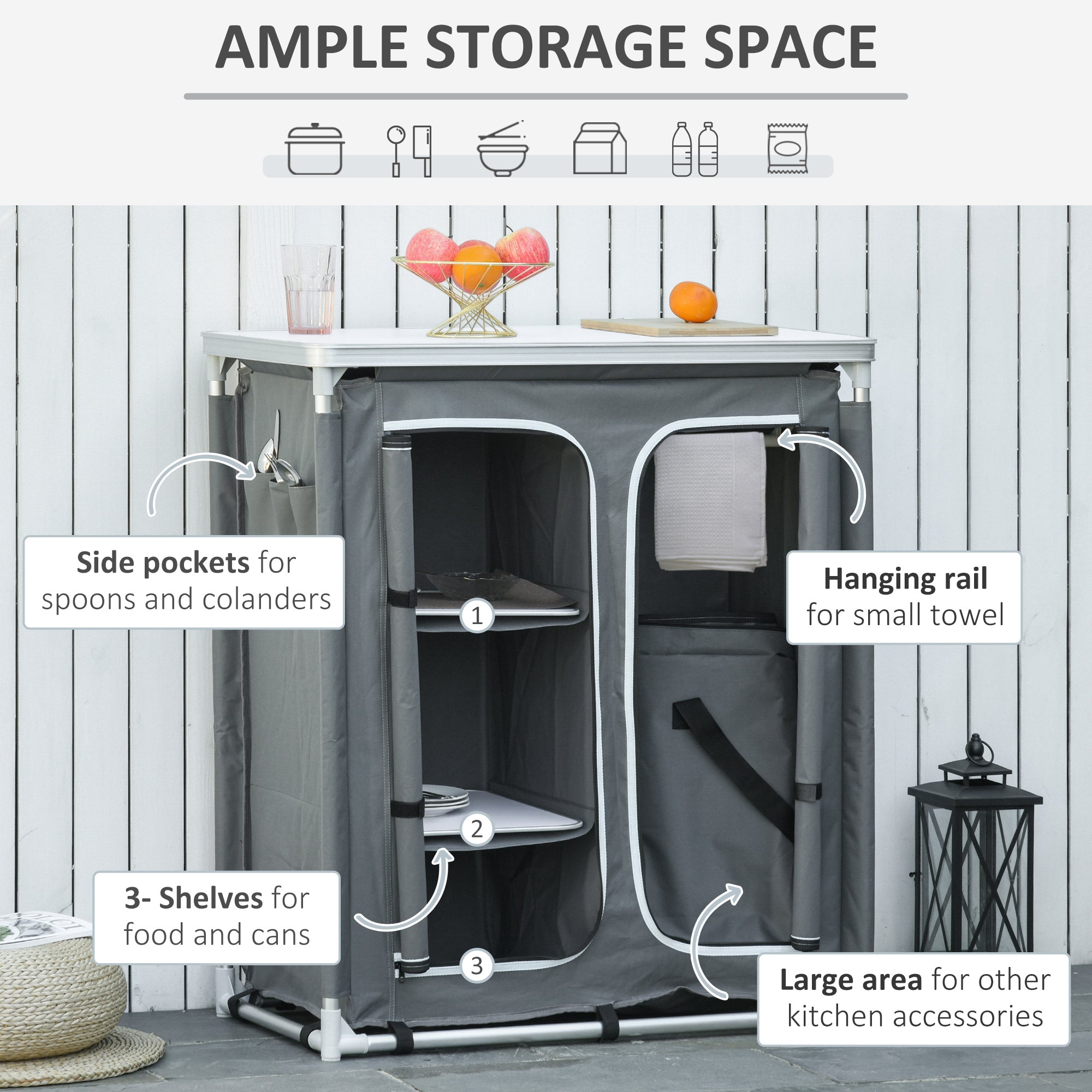 Outsunny Aluminum Camping Cupboard, Camping Kitchen Station Cook Table with 3-Shelf, Storage Organiser for BBQ Party Picnic - North Peak Garden Furniture