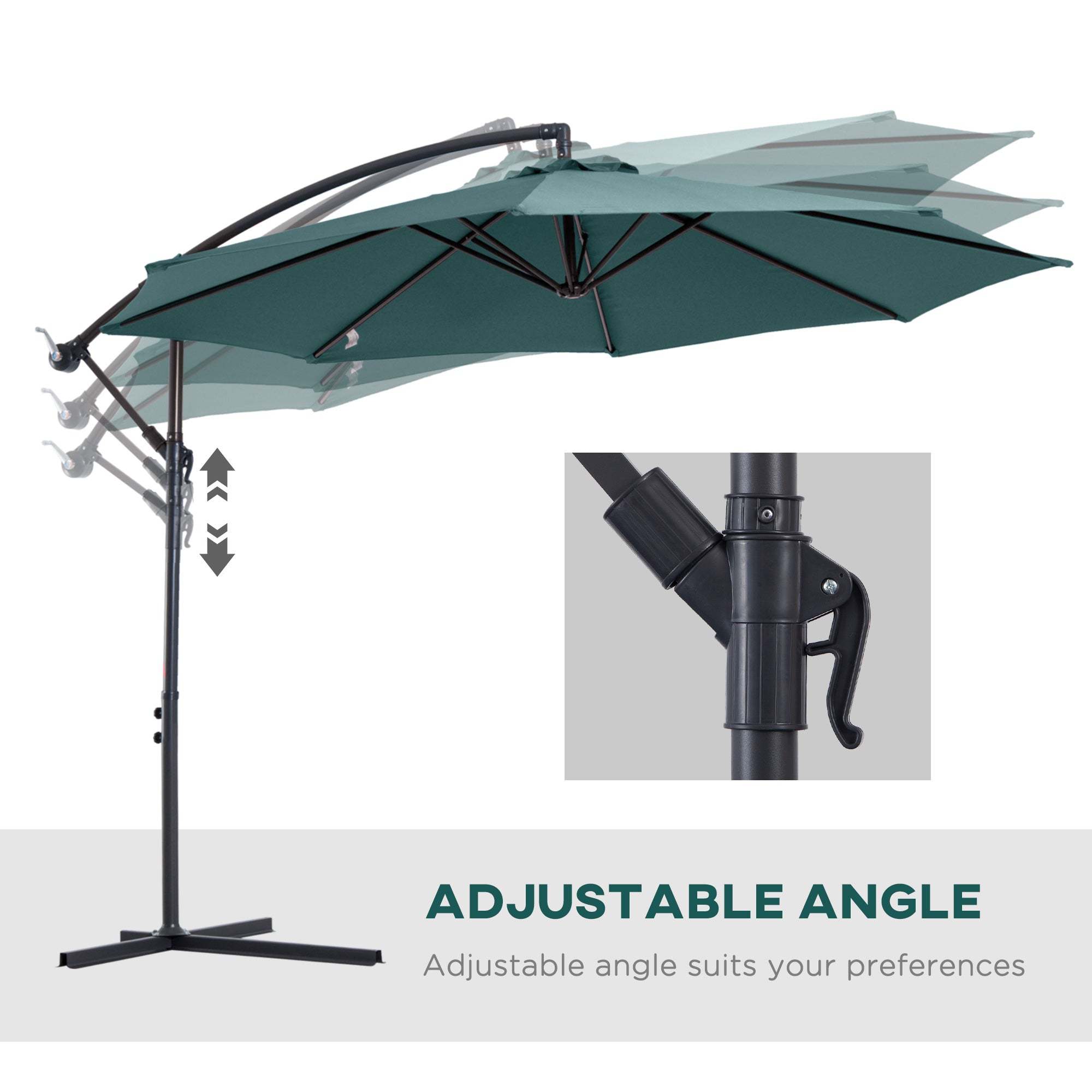 Outsunny Cantilever Canopy: 3m Banana Hanging Parasol with Crank Handle, 8 Ribs & Cross Base, Outdoor Dark Green Sun Shade