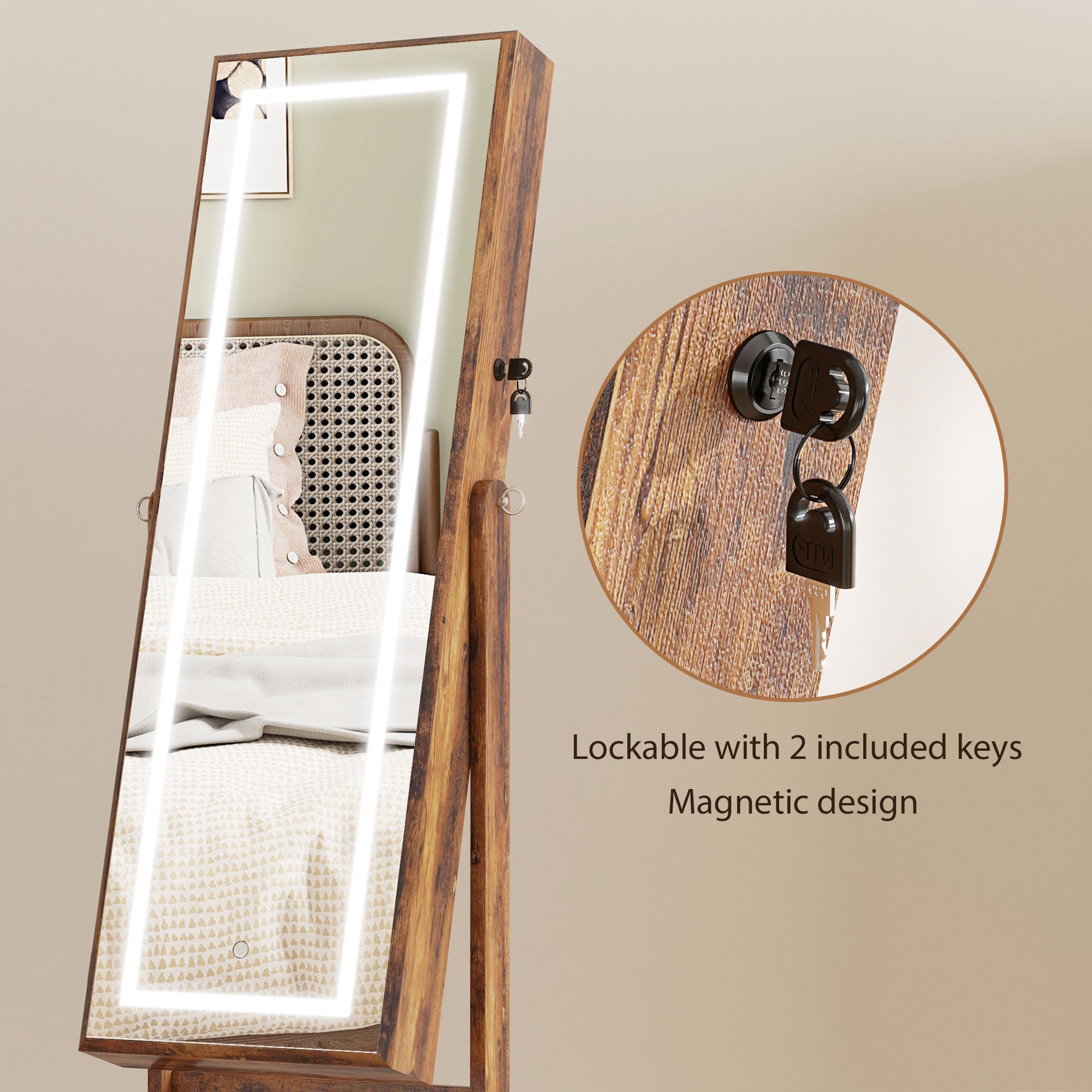HOMCOM Jewellery Cabinet with LED Light, Lockable Jewellery Organiser with Full-Length Mirror for Bedroom Dressing Room, Rustic Brown - North Peak Garden Furniture