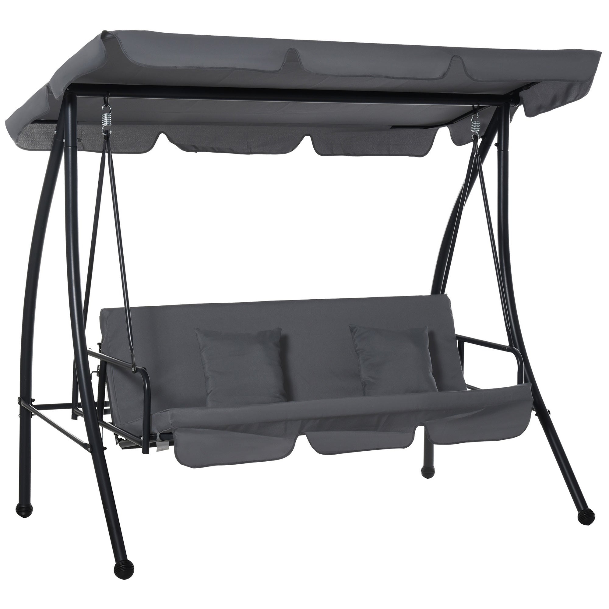Outsunny Outdoor 2-in-1 Patio Swing Chair Lounger 3 Seater Garden Swing Seat Bed Hammock Bed Convertible Tilt Canopy W/ Cushion, Dark Grey - North Peak Garden Furniture