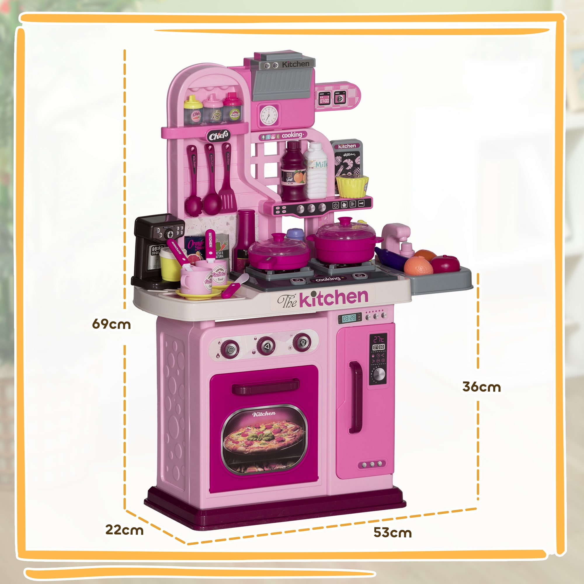 AIYAPLAY Kids Kitchen with 33 Pieces, Lights, Sounds, Storage, for Ages 3-6 Years, Pink - North Peak Garden Furniture