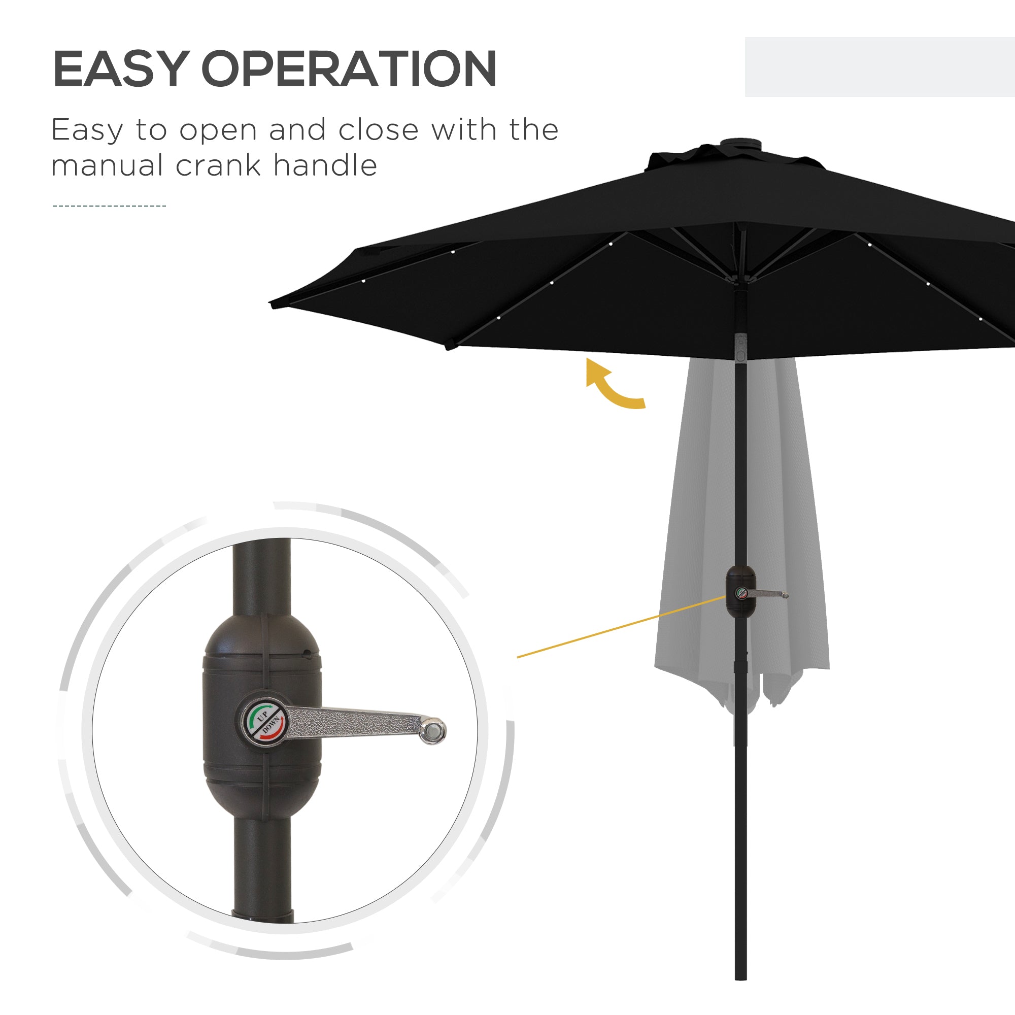 Outsunny 2.7m Outdoor Patio Garden Umbrella Parasol with Tilt Crank and 24 LEDs Lights, Black - North Peak Garden Furniture