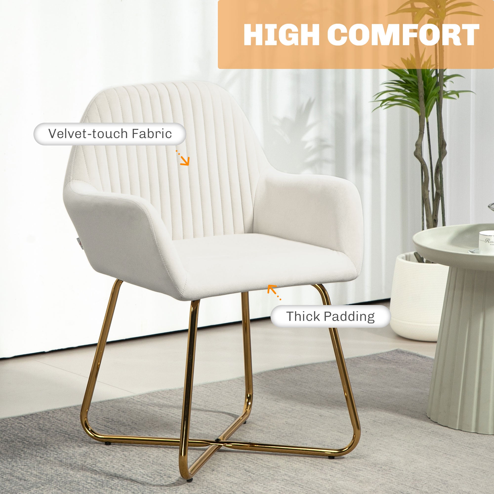 HOMCOM Modern Arm Chair Upholstered Accent Chair with Metal Base for Living Room Cream White - North Peak Garden Furniture