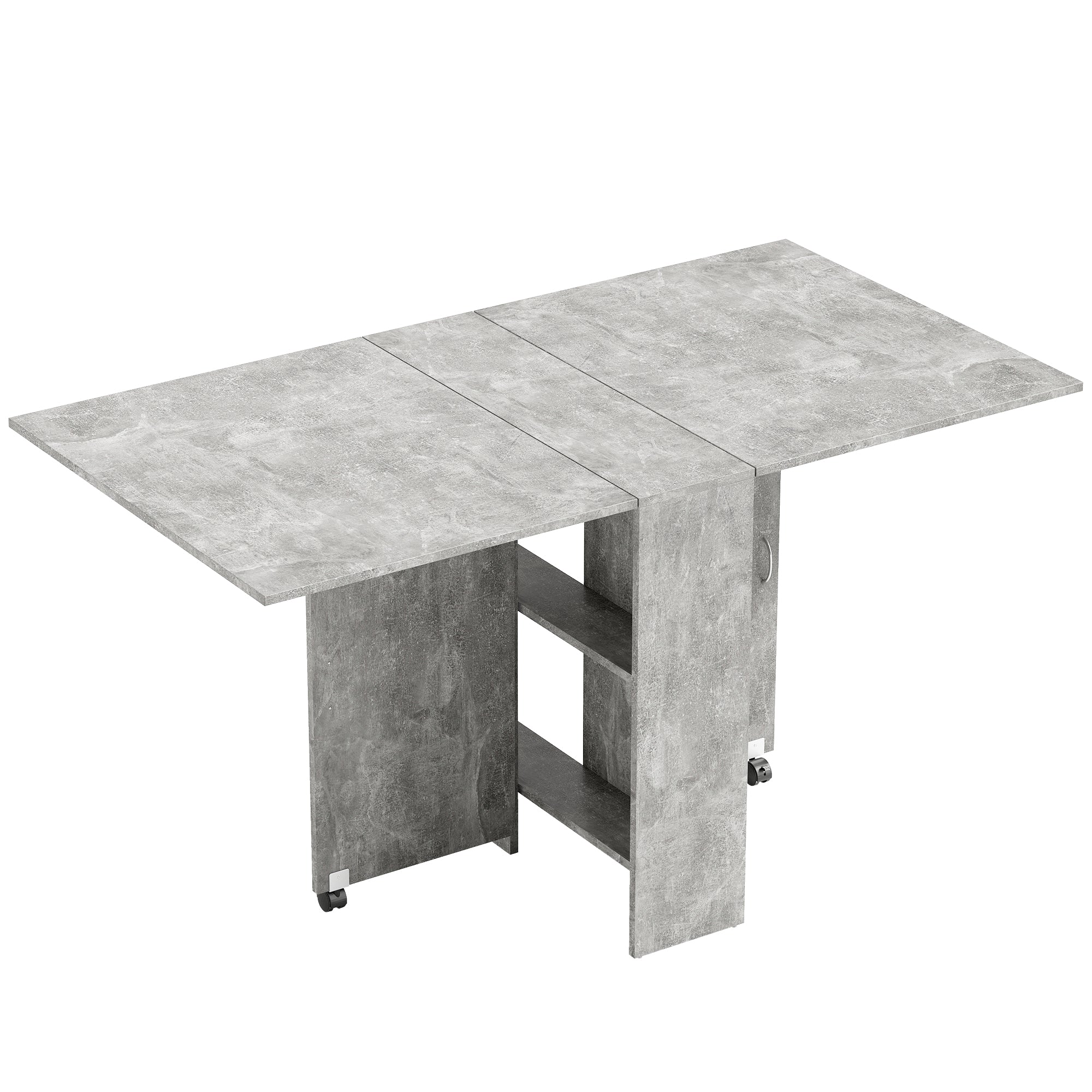 HOMCOM Folding Dining Table, Drop Leaf Table for Small Spaces with 2-tier Shelves, Small Kitchen Table with Rolling Casters, Cement Grey