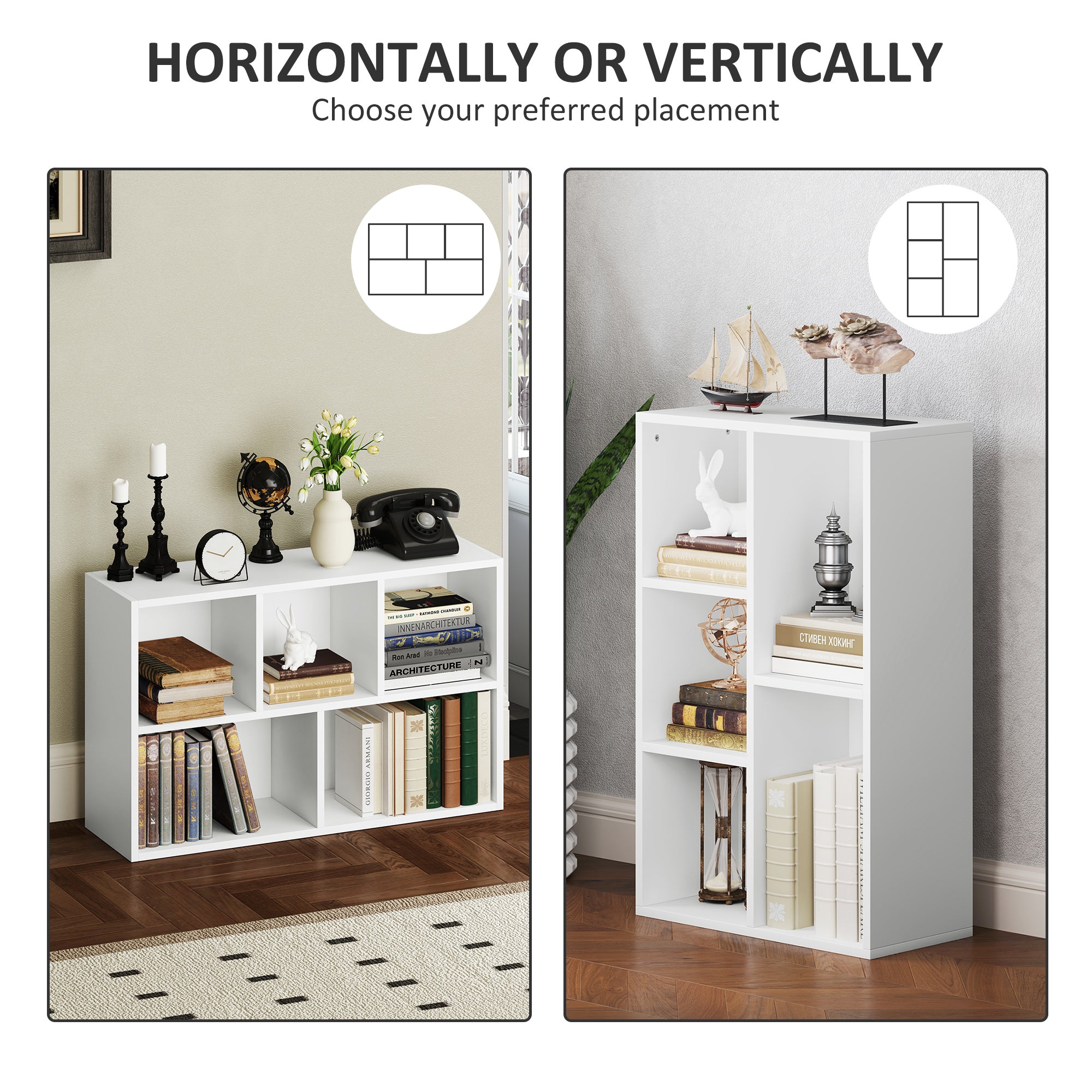HOMCOM 2-Tier Bookshelf with 5 Compartments - White - North Peak Garden Furniture