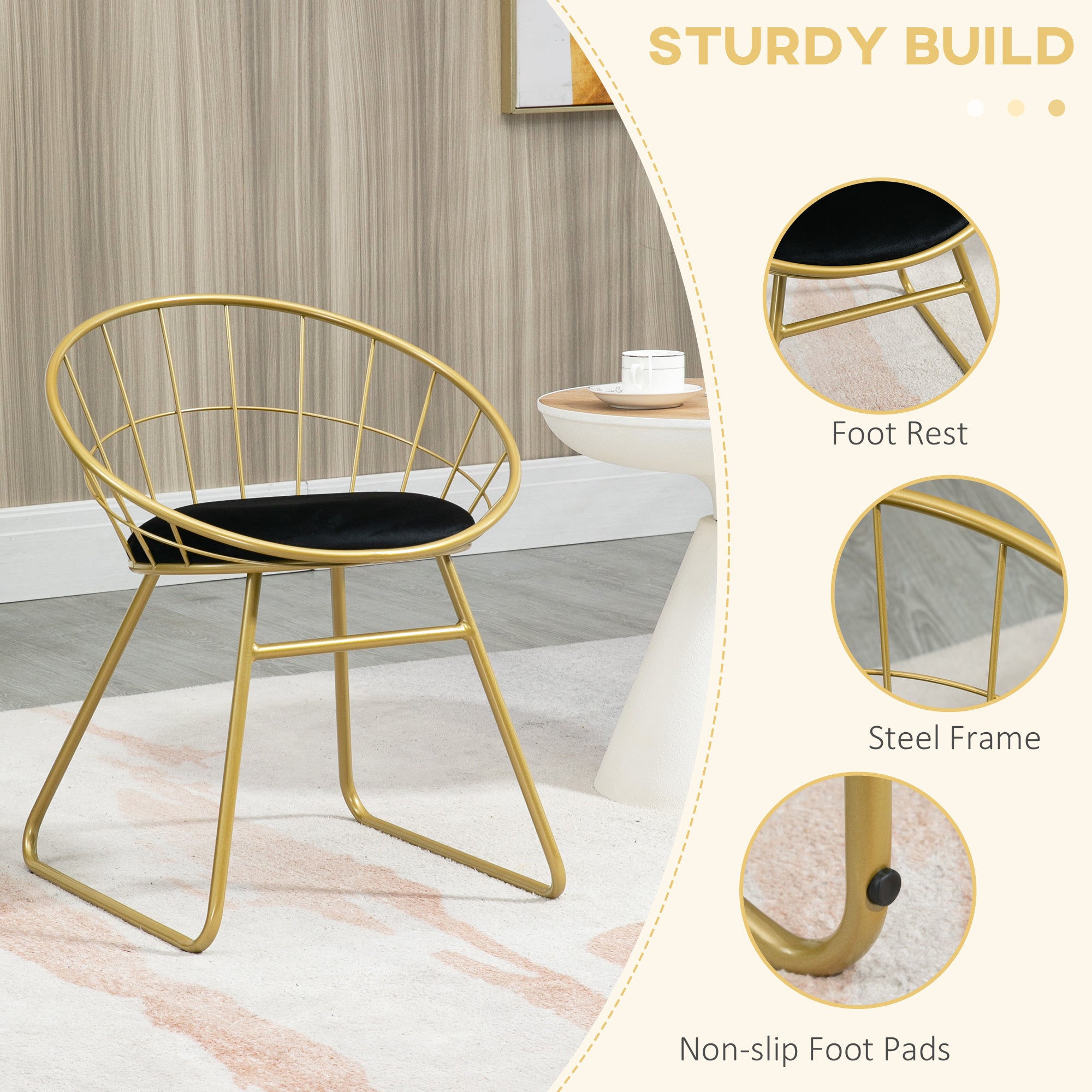 HOMCOM Modern Dining Chairs Set of 2, Metal Wire Kitchen Chair with Velvet-feel Cushion, Round Back and Steel Frame for Living Room, Bedroom, Gold - North Peak Garden Furniture