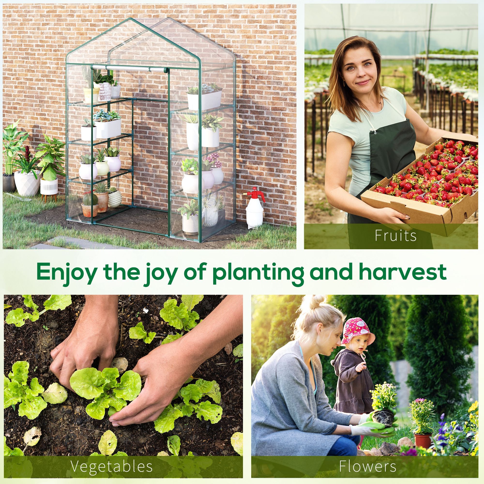 Outsunny Walk in Greenhouse with 4-Tier 8 Shelves, Green House with Hemmed Cover, Roll-up Zipped Door, Steel Frame, 143 x 73 x 195cm - North Peak Garden Furniture