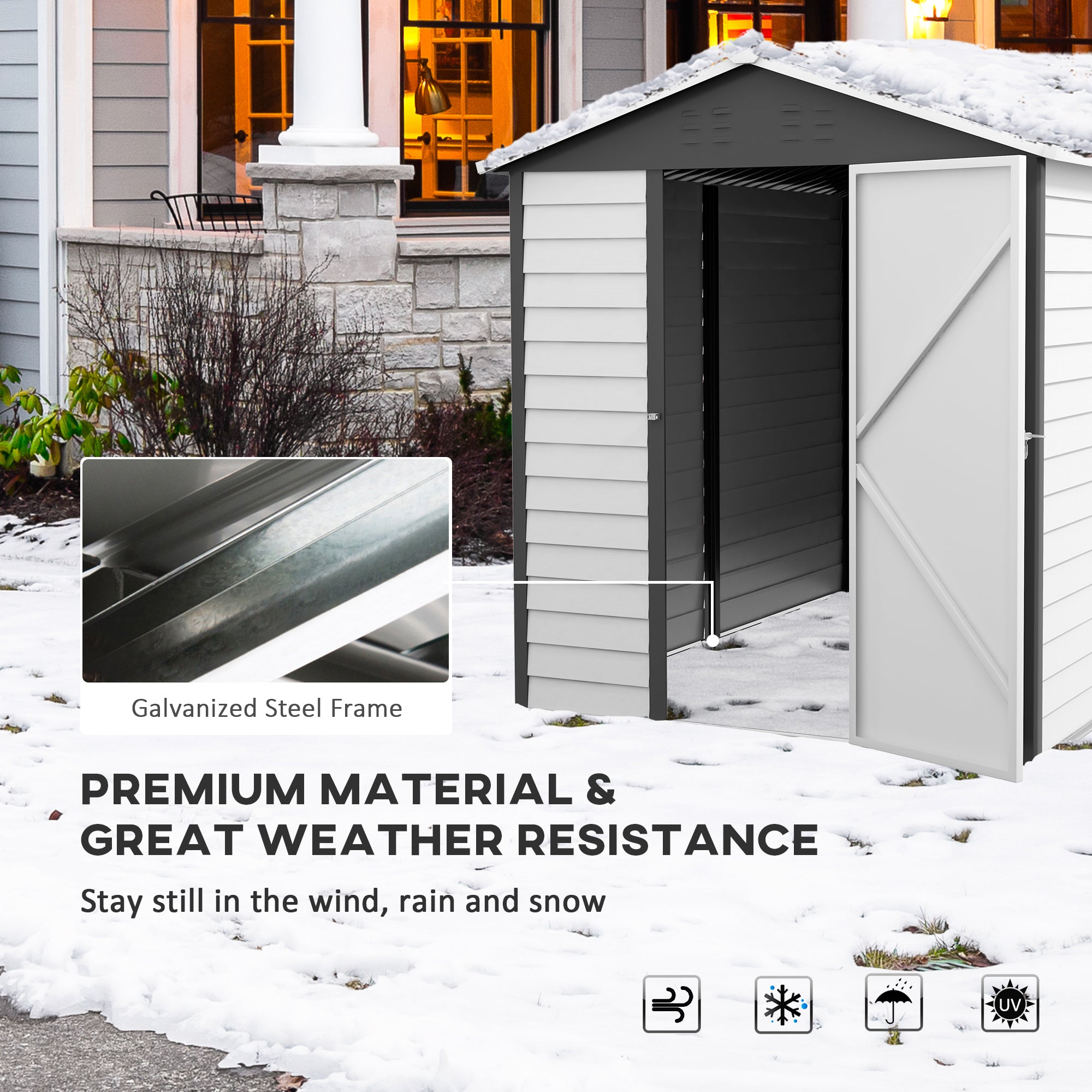 Outsunny 9x 6FT Metal Outdoor Garden Shed, Galvanised Tool Storage Shed w/ Sloped Roof, Lockable Door for Patio Lawn, Dark Grey - North Peak Garden Furniture