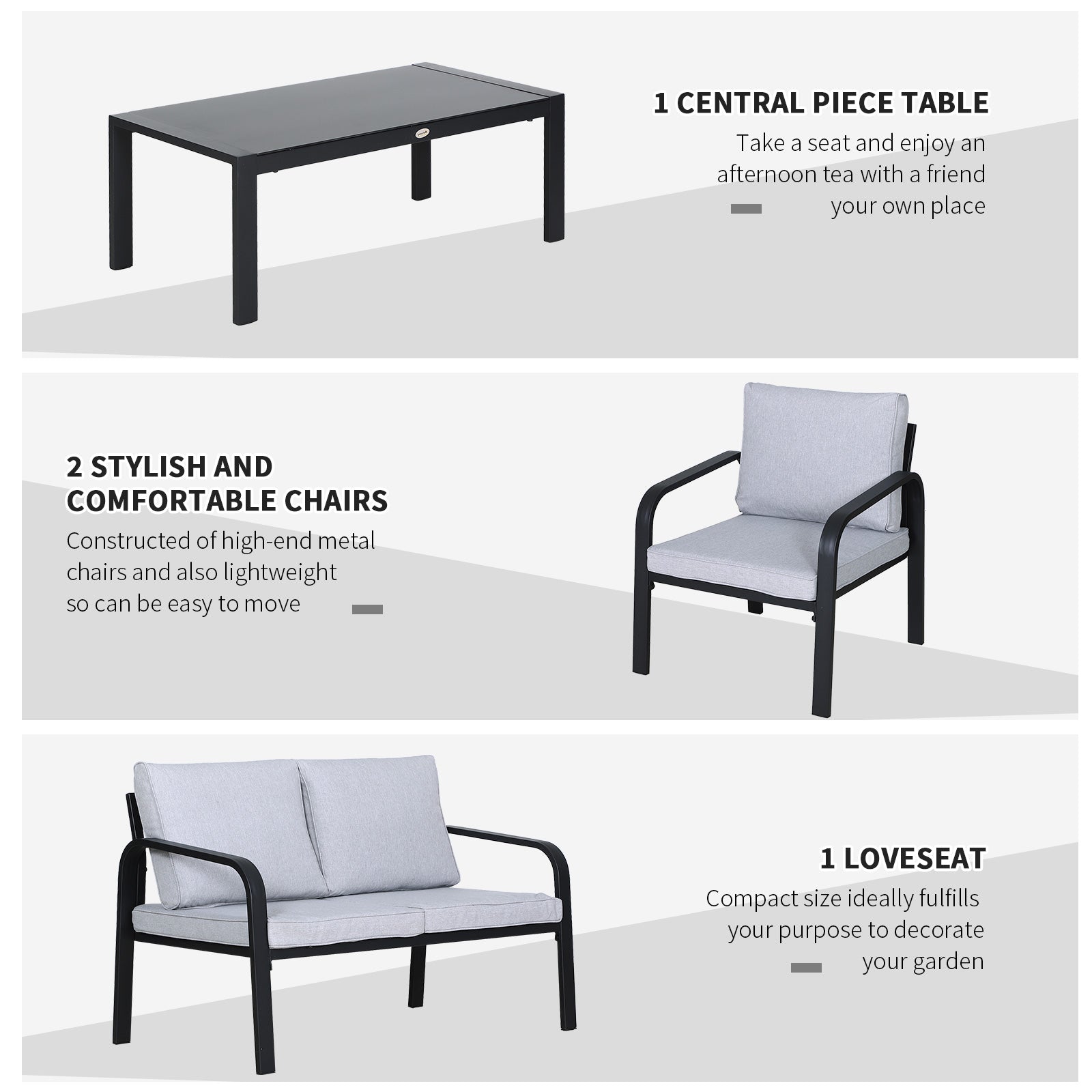 Outsunny 4pcs Garden Sofa Set 2 Single Armchair, 1 Bench & 1 Coffee Table Set Aluminum Frame Patio Furniture with Cushions, Black - North Peak Garden Furniture
