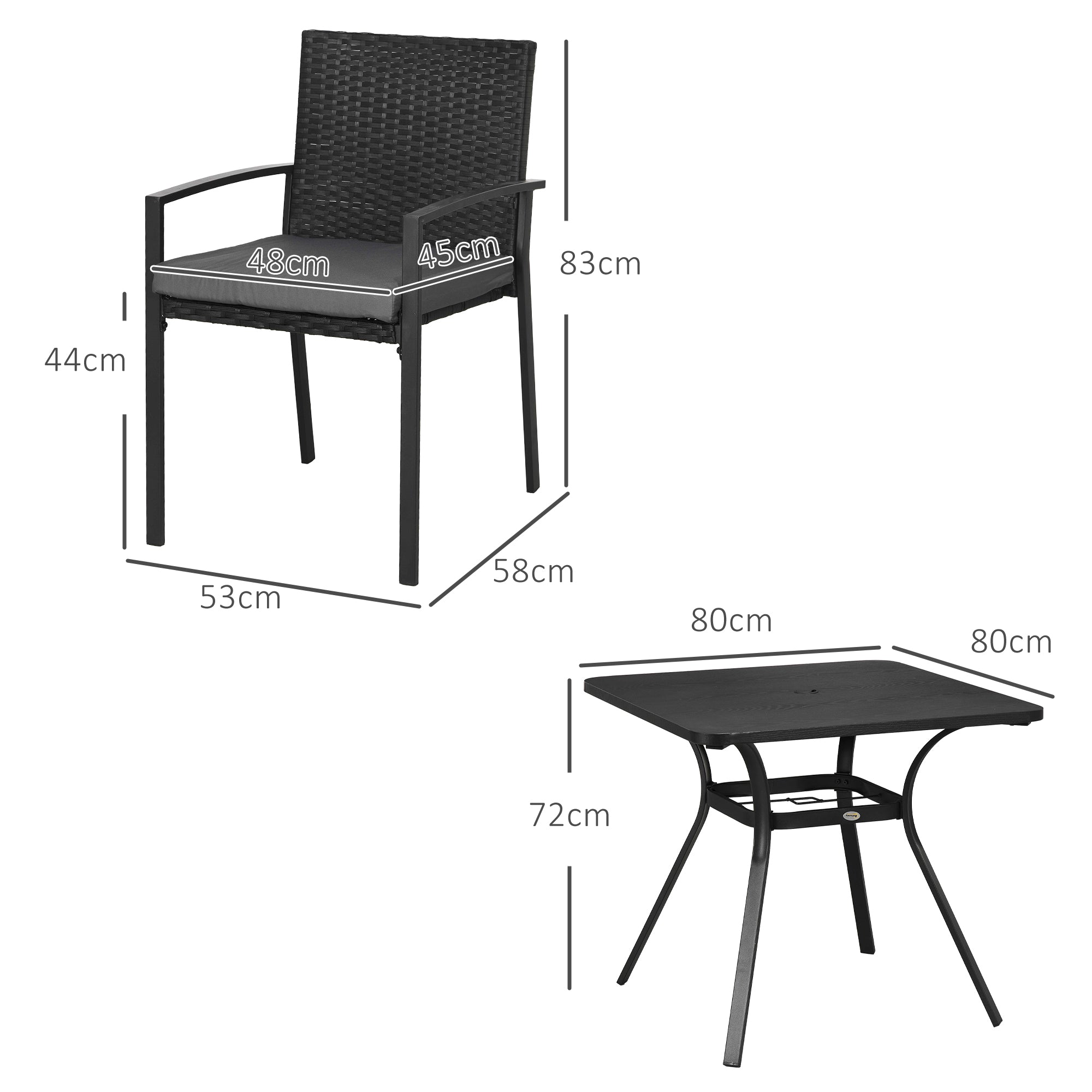 Outsunny Five-Piece Garden Dining Set, with Rattan Seat Chairs and Cushions - Black - North Peak Garden Furniture