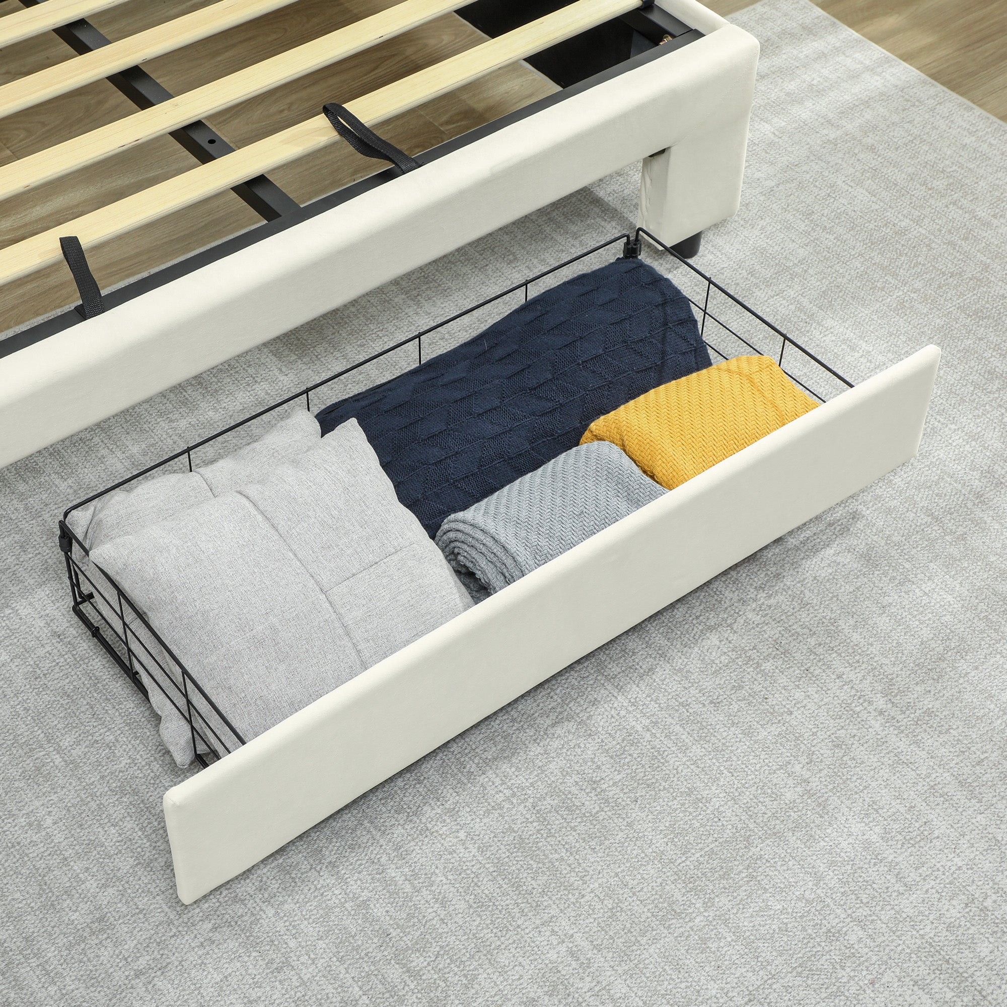 HOMCOM Double Ottoman Bed Frame, with Front Drawer - Cream