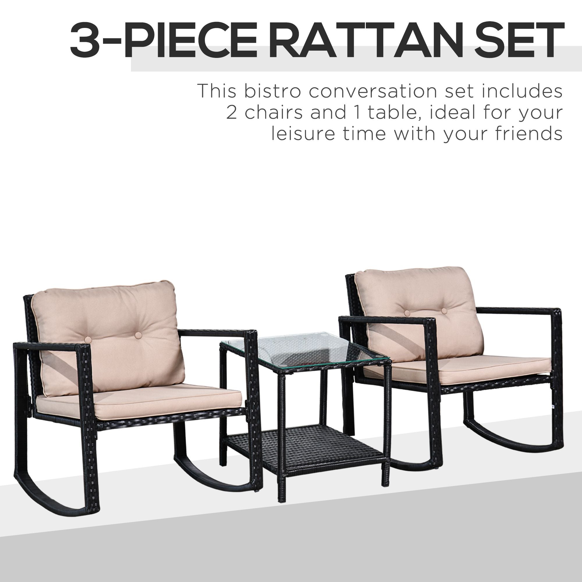 Outsunny 3 Pieces Rattan Garden Rocking Chair Set, Outdoor Rocking Bistro Set w/ 2 Cushioned Armchair and Glass Top Two-tier Coffee Table, Black - North Peak Garden Furniture