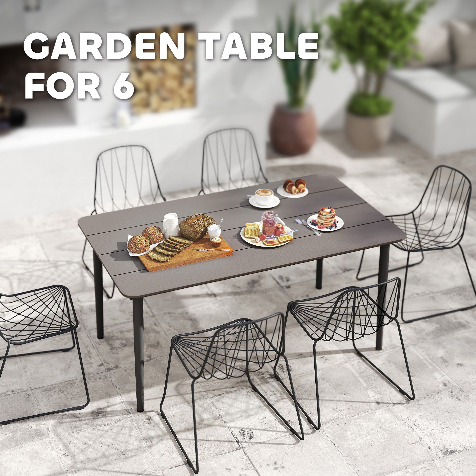 Outsunny Garden Table, Outdoor Dining Table for 6 People, 160 x 90 x 74 cm, with Rust Resistant Metal Frame, WPC Top, for Balcony, Terrace, Dark Grey - North Peak Garden Furniture
