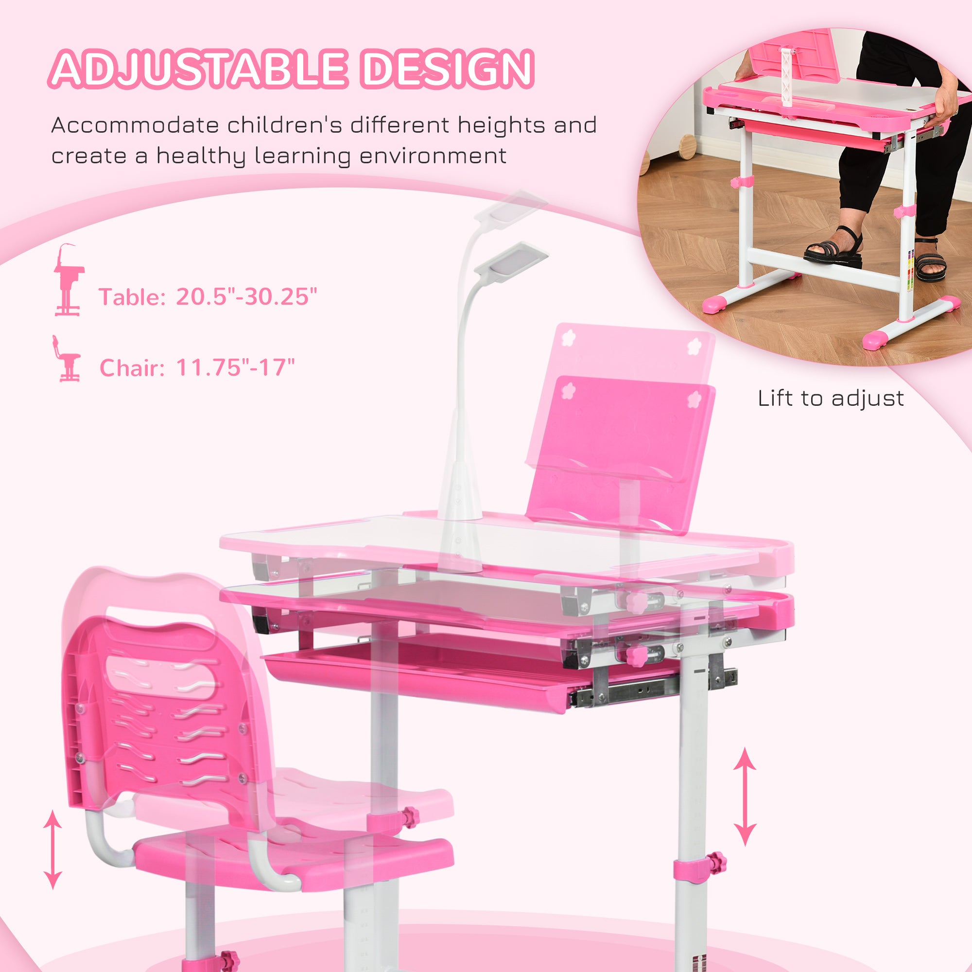 HOMCOM Kids Study Desk and Chair Set w/ Adjustable Height, Storage, Drawer, Pink