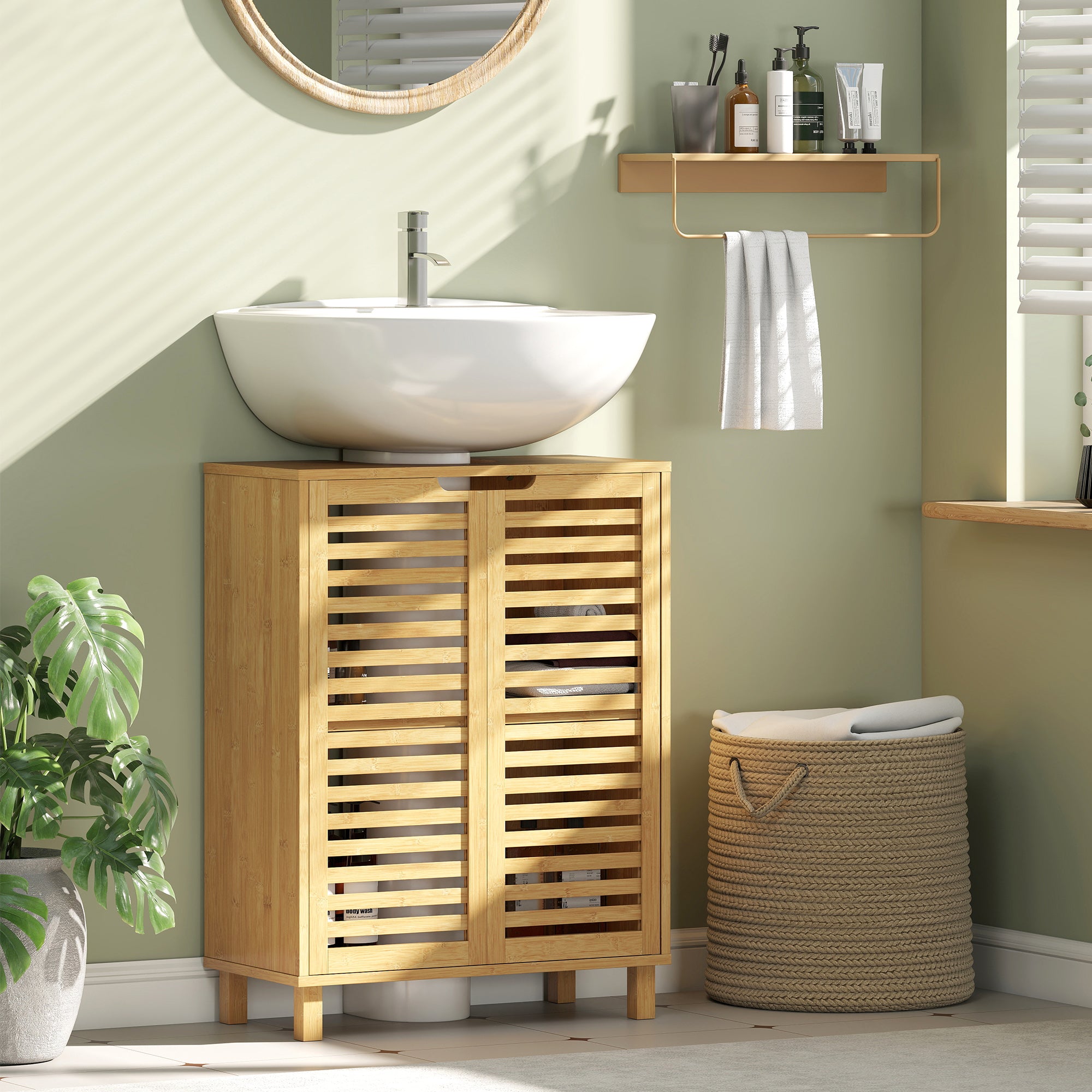 HOMCOM Under Sink Bathroom Cabinet, Freestanding Under Sink Cabinet with Louvered Doors and Adjustable Shelf, Natural