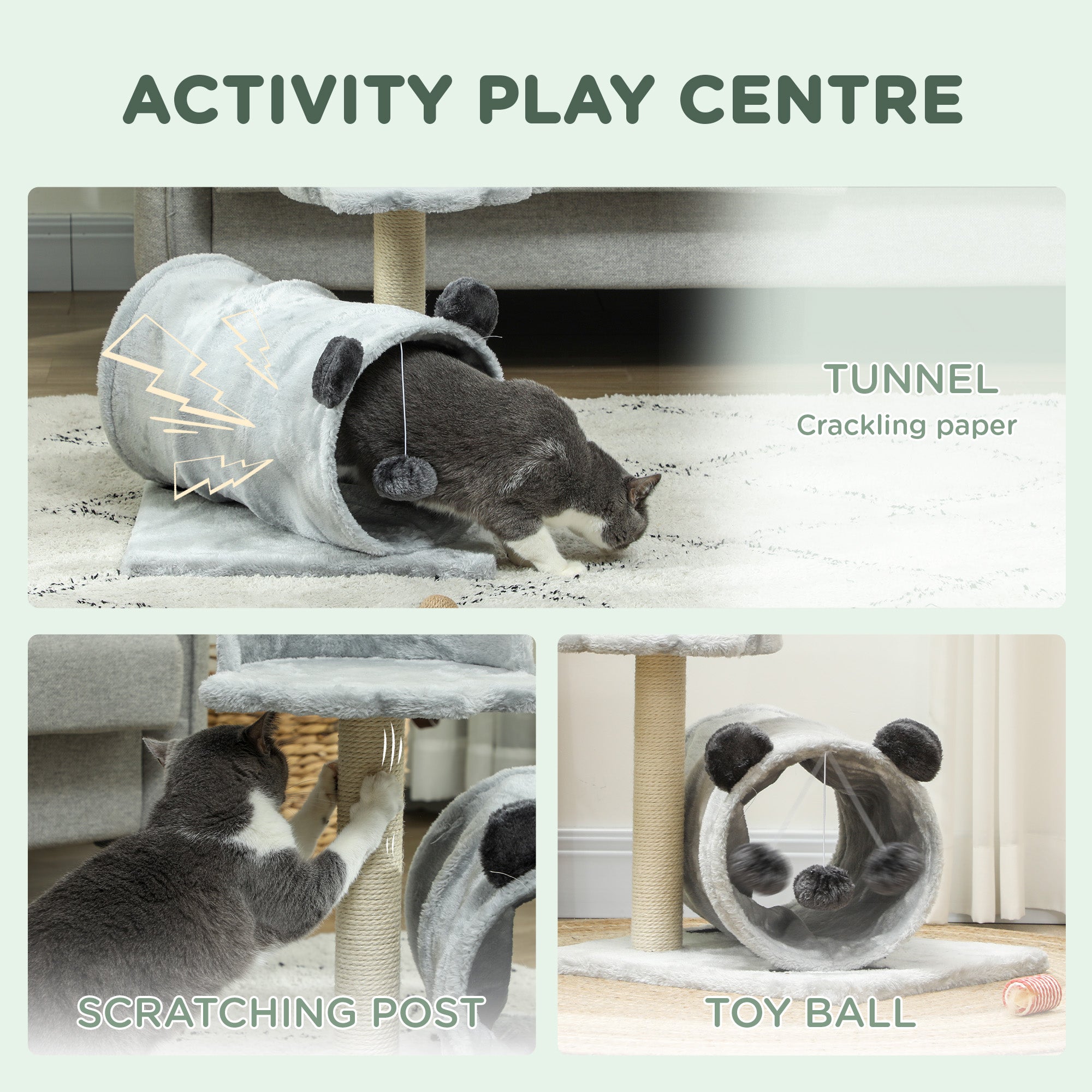 PawHut 47cm Small Cat Tree w/ Scratching Post, Bed, Cat Tunnel, Toy Ball, Grey - North Peak Garden Furniture