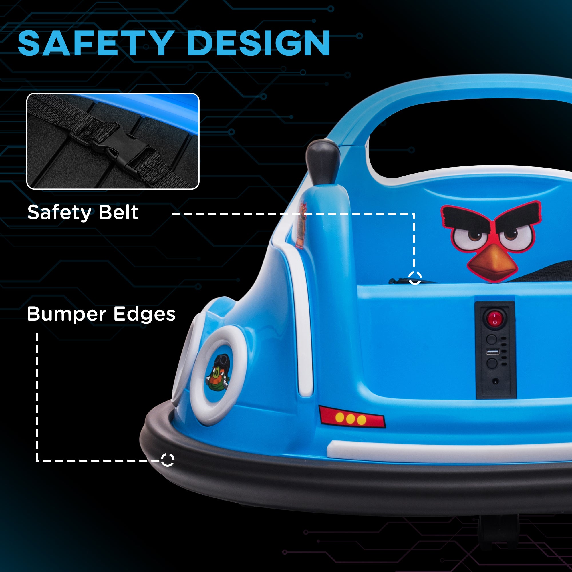 AIYAPLAY Angry Bird Licensed Waltzer Car, 12V Kids Bumper Car w/ Joysticks, Remote, Music LED Lights - Blue - North Peak Garden Furniture