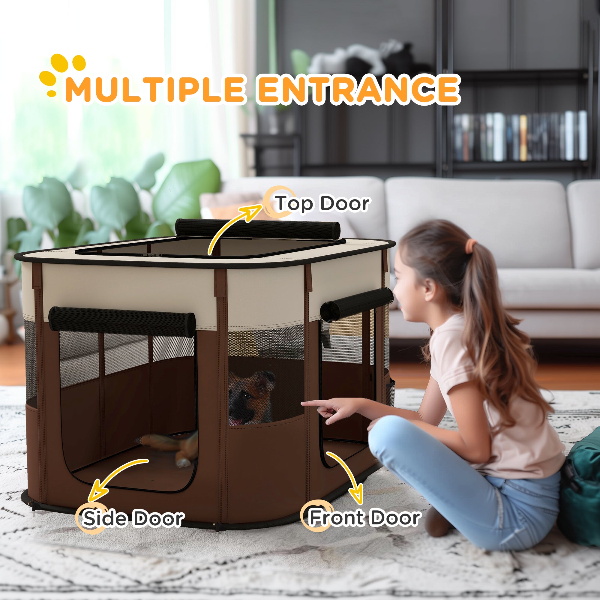 PawHut Foldable Dog Pen with Storage Bag for Indoor/Outdoor Use, Portable Pet playpen, with Ground Stakes - Brown - North Peak Garden Furniture