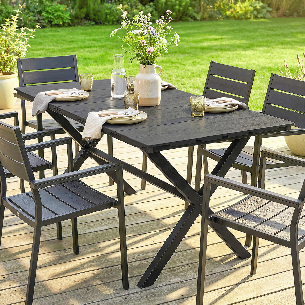 Outsunny Garden Dining Table for 6, Rectangular Outdoor Table with Wood Effect HDPE Top, X-Shaped Metal Legs, Black