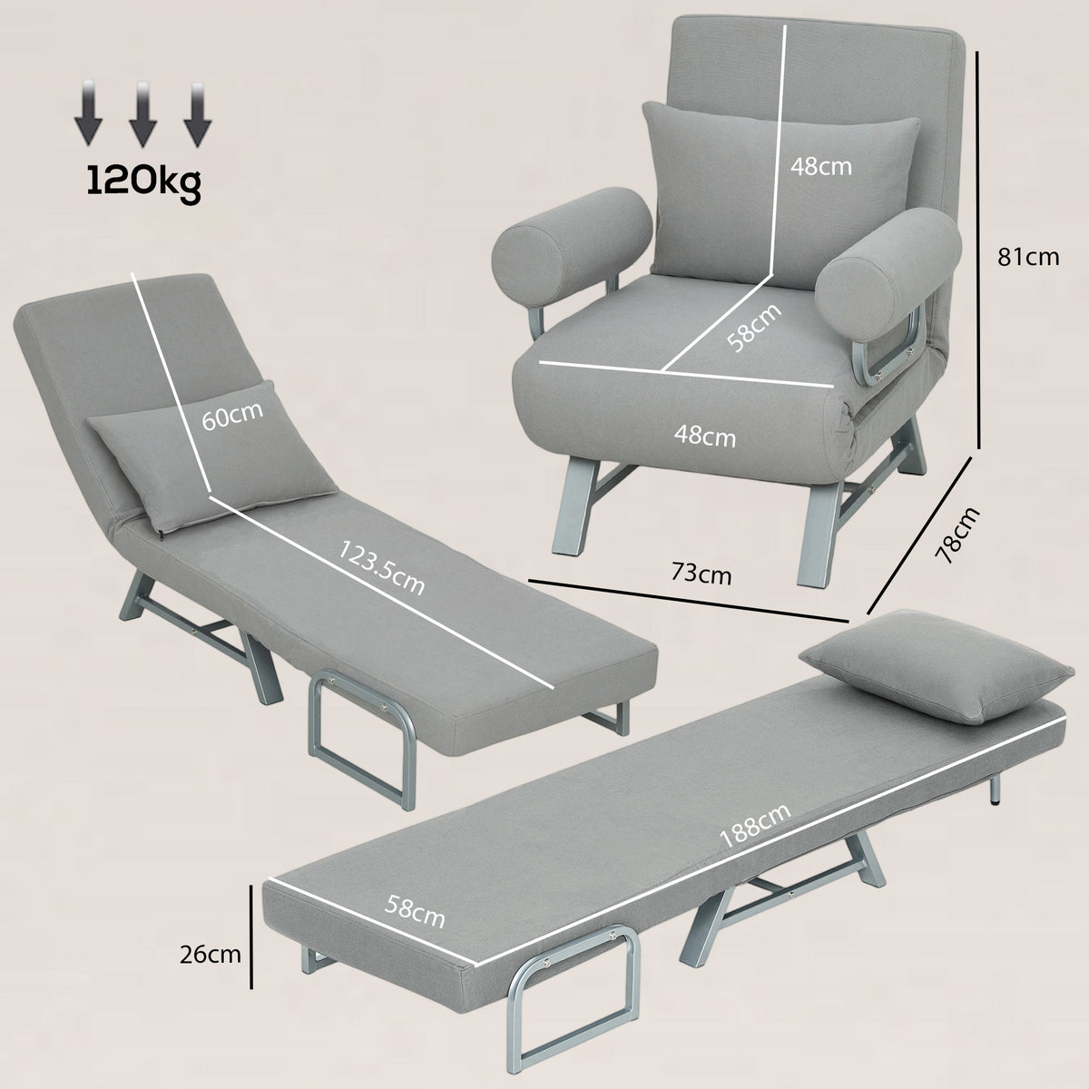 HOMCOM Single Sofa Bed, 3-in-1 Convertible Folding Chair Bed with Adjustable Backrest, Removable Armrests, Light Grey