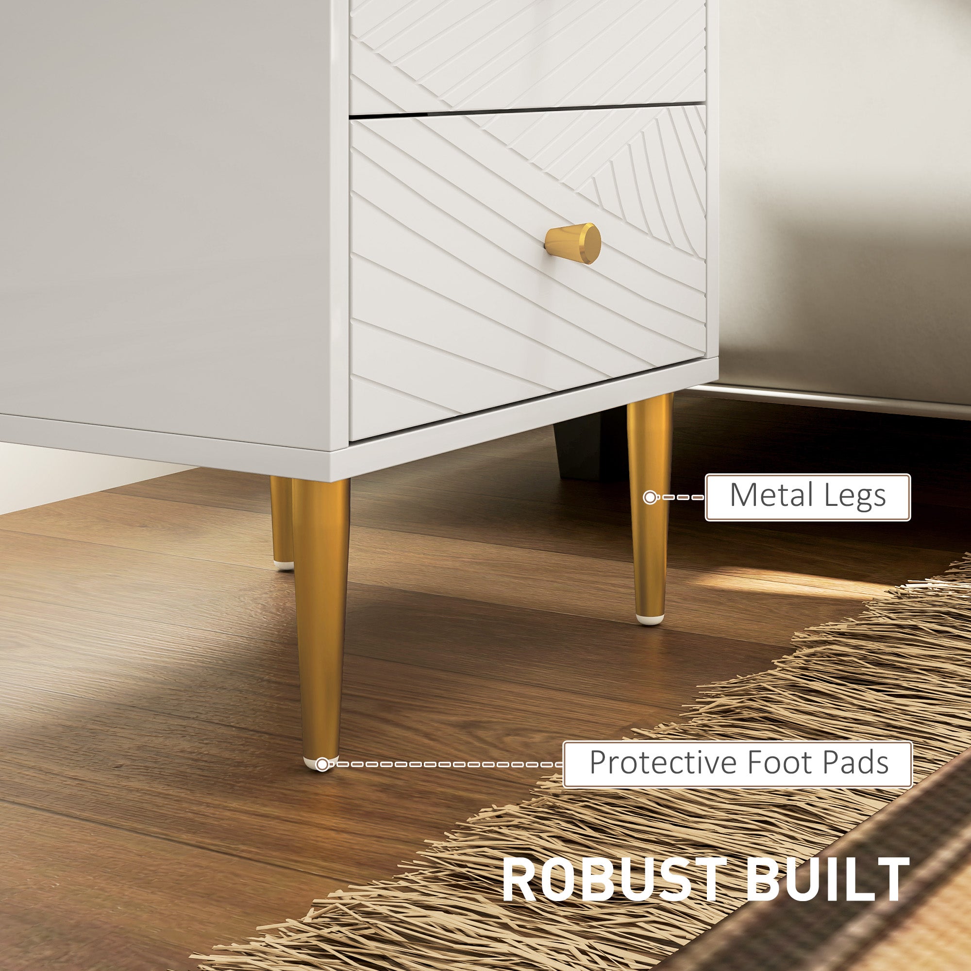 HOMCOM Elegant Two-Drawer Bedside Table - White/Gold-Tone - North Peak Garden Furniture