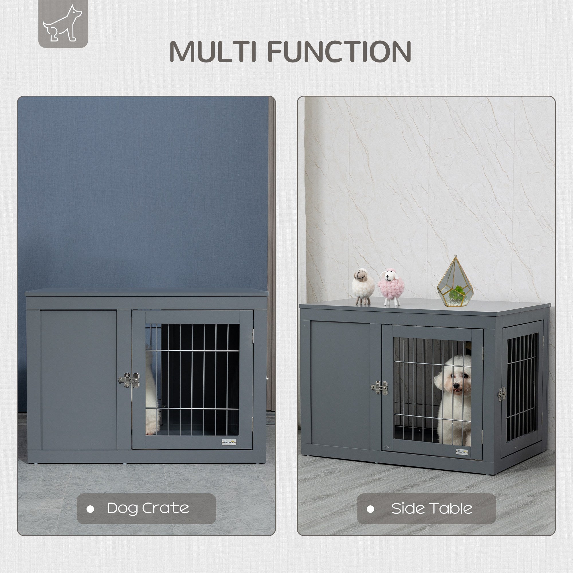 PawHut Furniture Style Dog Crate for Small and Medium Dogs, End Table Pet Cage with Two Lockable Doors - Grey - North Peak Garden Furniture