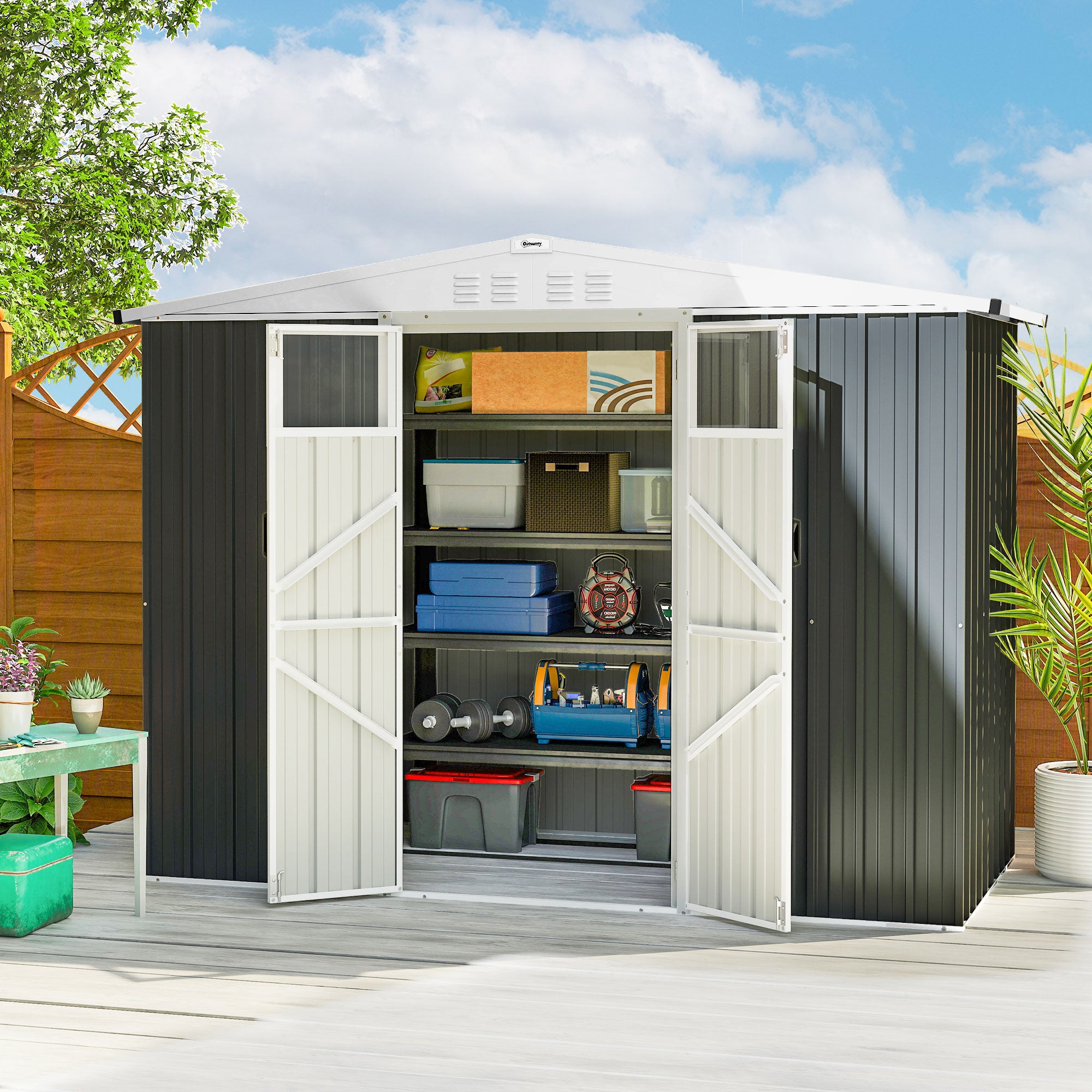 Outsunny 8 x 4 ft Metal Garden Shed, Garden Storage Shed with Window, 4 Vents and Lockable Door, Waterproof Galvanised Steel Tool Storage Cabinet, Dark Grey