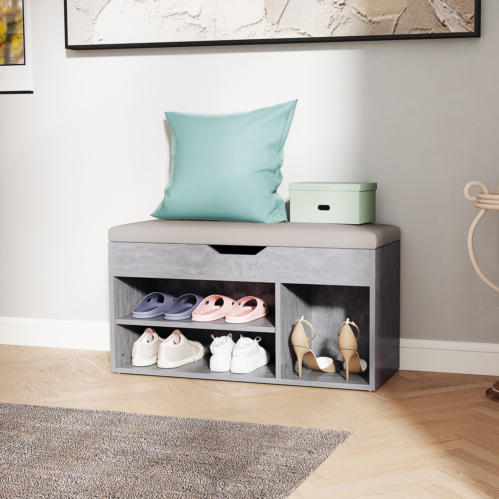 HOMCOM Shoes Cabinet Bench Hidden Storage Padded Seat Organiser Footwear Rack Hallway Grey Wood Grain - North Peak Garden Furniture