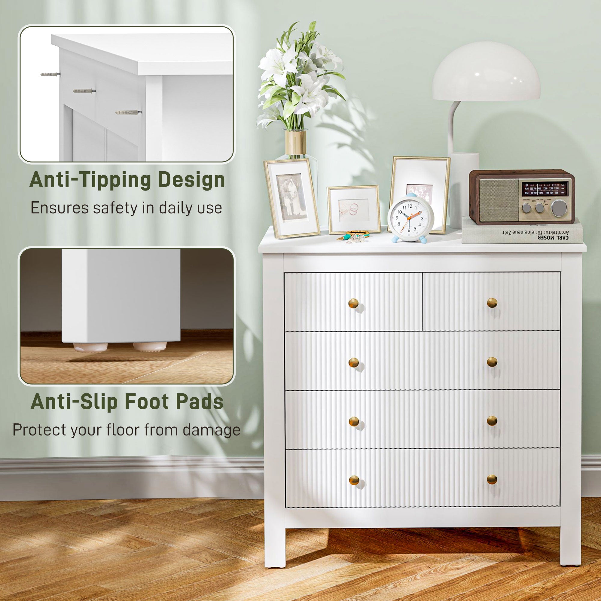 HOMCOM Elegant Chest of Five Drawers - White - North Peak Garden Furniture