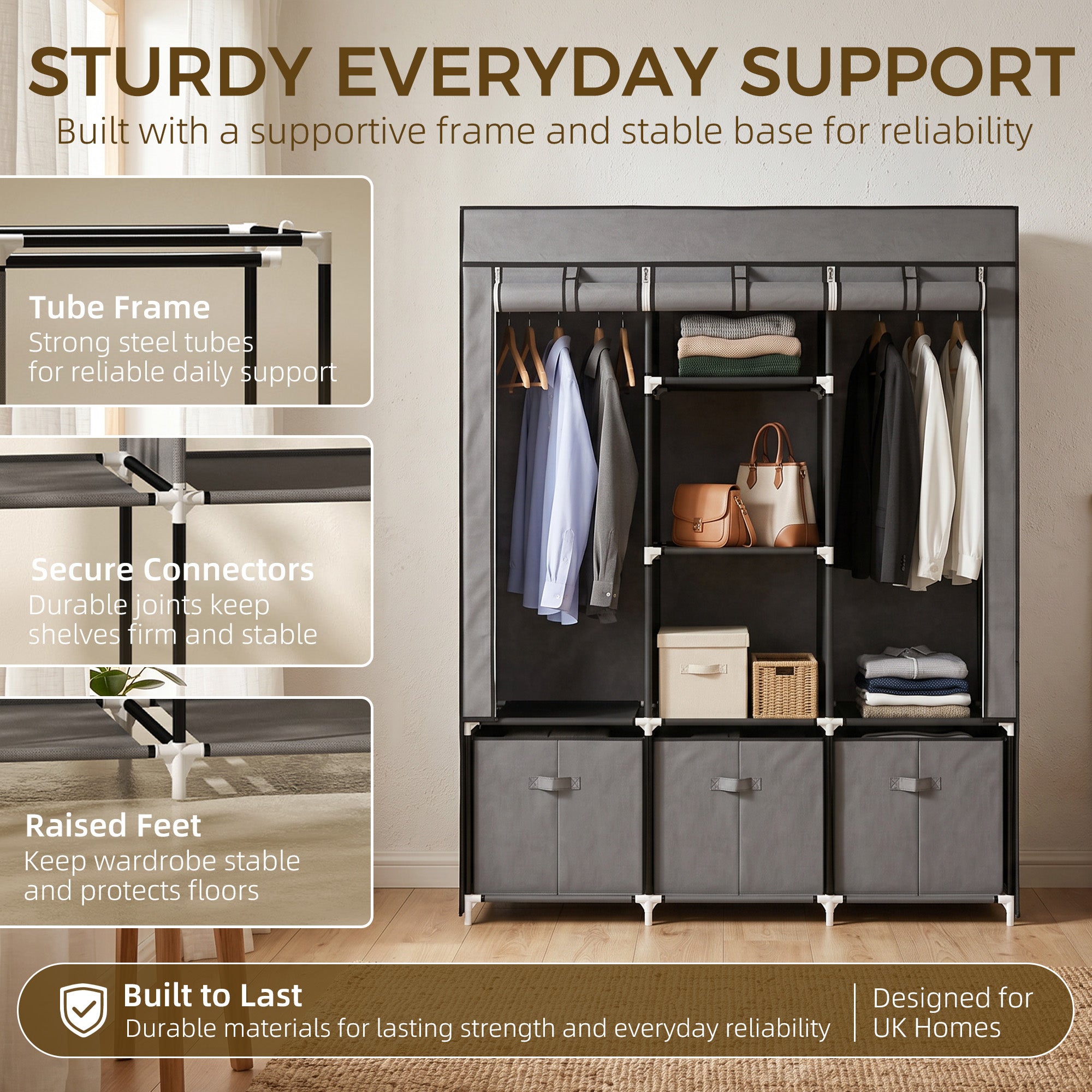 HOMCOM Fabric Wardrobe for Bedroom, Portable Wardrobe with 5 Shelves, 2 Hanging Rails and 3 Fabric Drawers, Foldable Closet, 125 x 43 x 162.5cm, Dark Grey