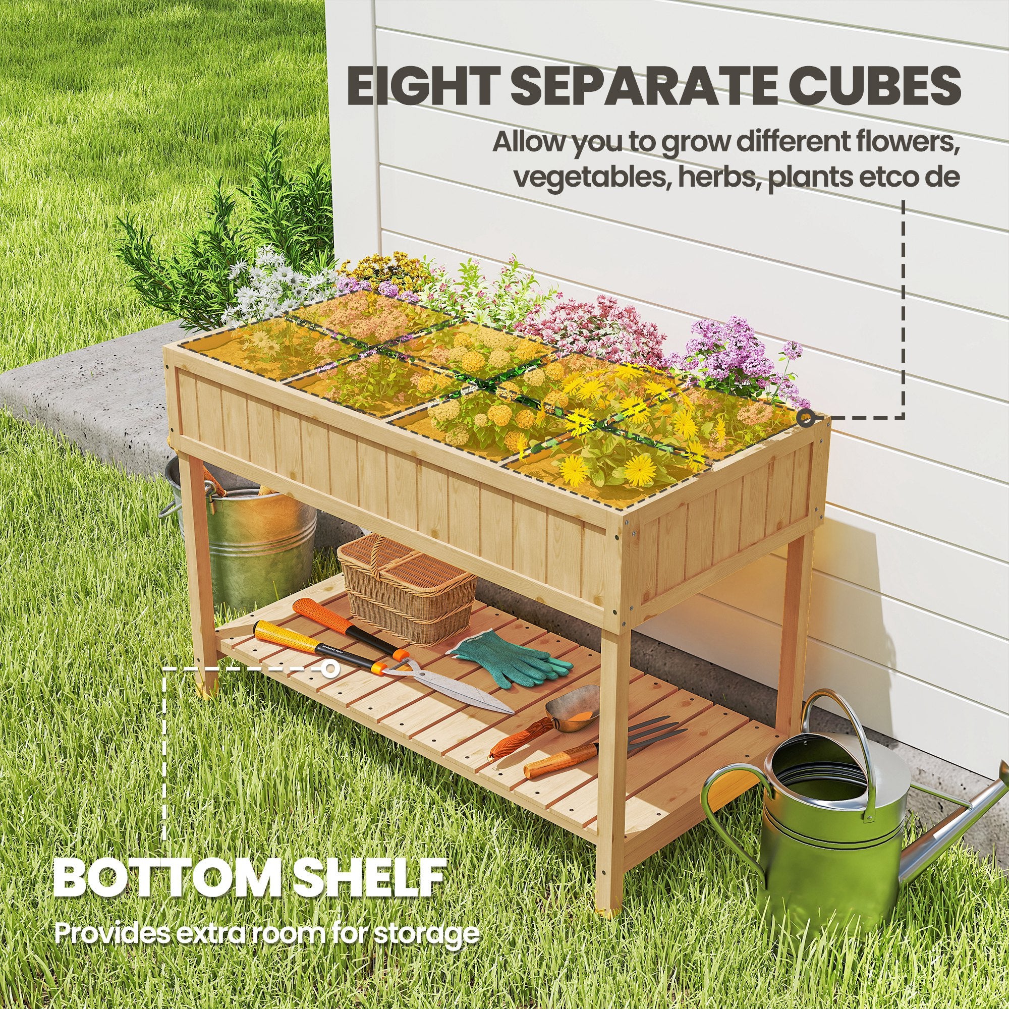 Outsunny Garden Wooden Planters, Rectangular 8 Compartment Plant Stand, Oak Tone