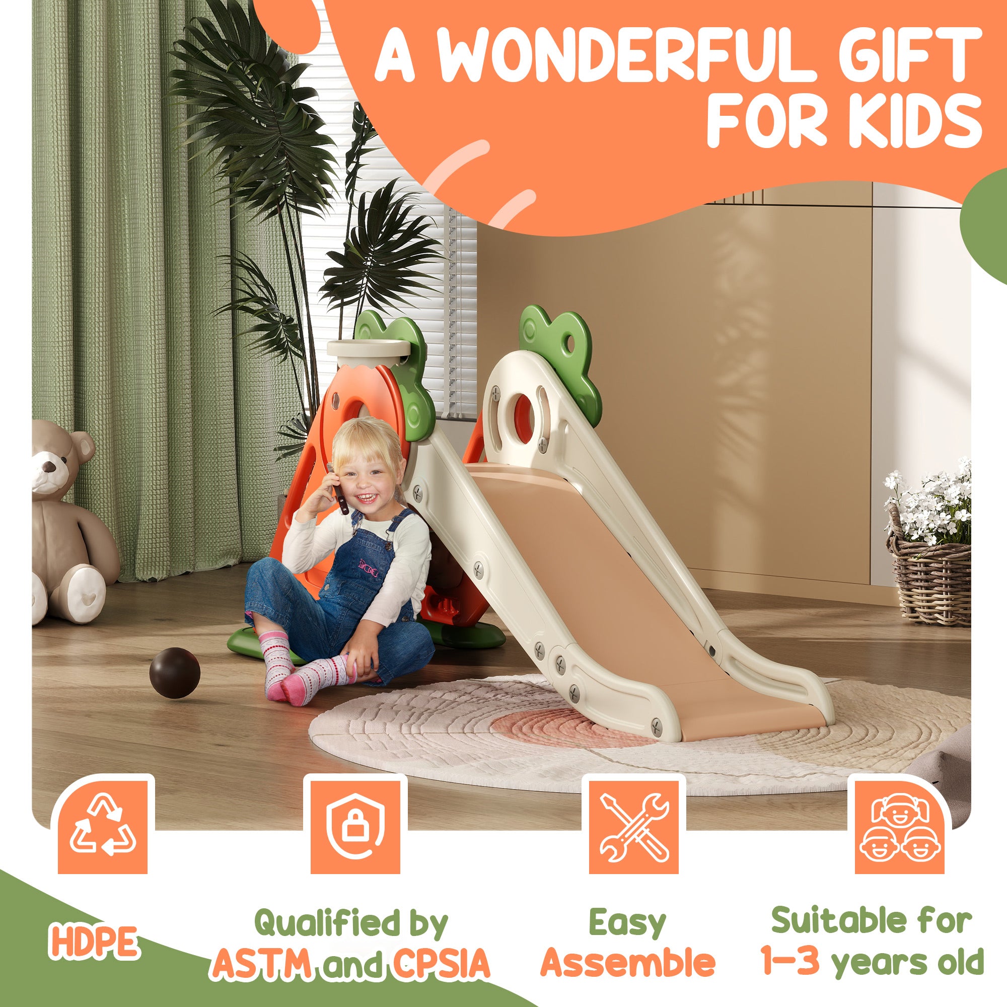 AIYAPLAY 3 in 1 Foldable Toddler Slide with Basketball Hoop, Climber, Carrot-themed, for 1-3 Years - North Peak Garden Furniture