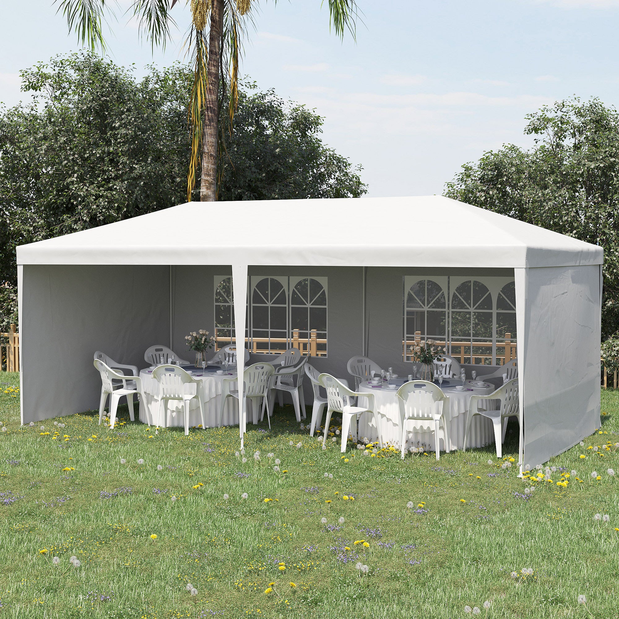 Outsunny 6 x 3 m Party Tent Gazebo Marquee Outdoor Patio Canopy Shelter with Windows and Side Panels White - North Peak Garden Furniture
