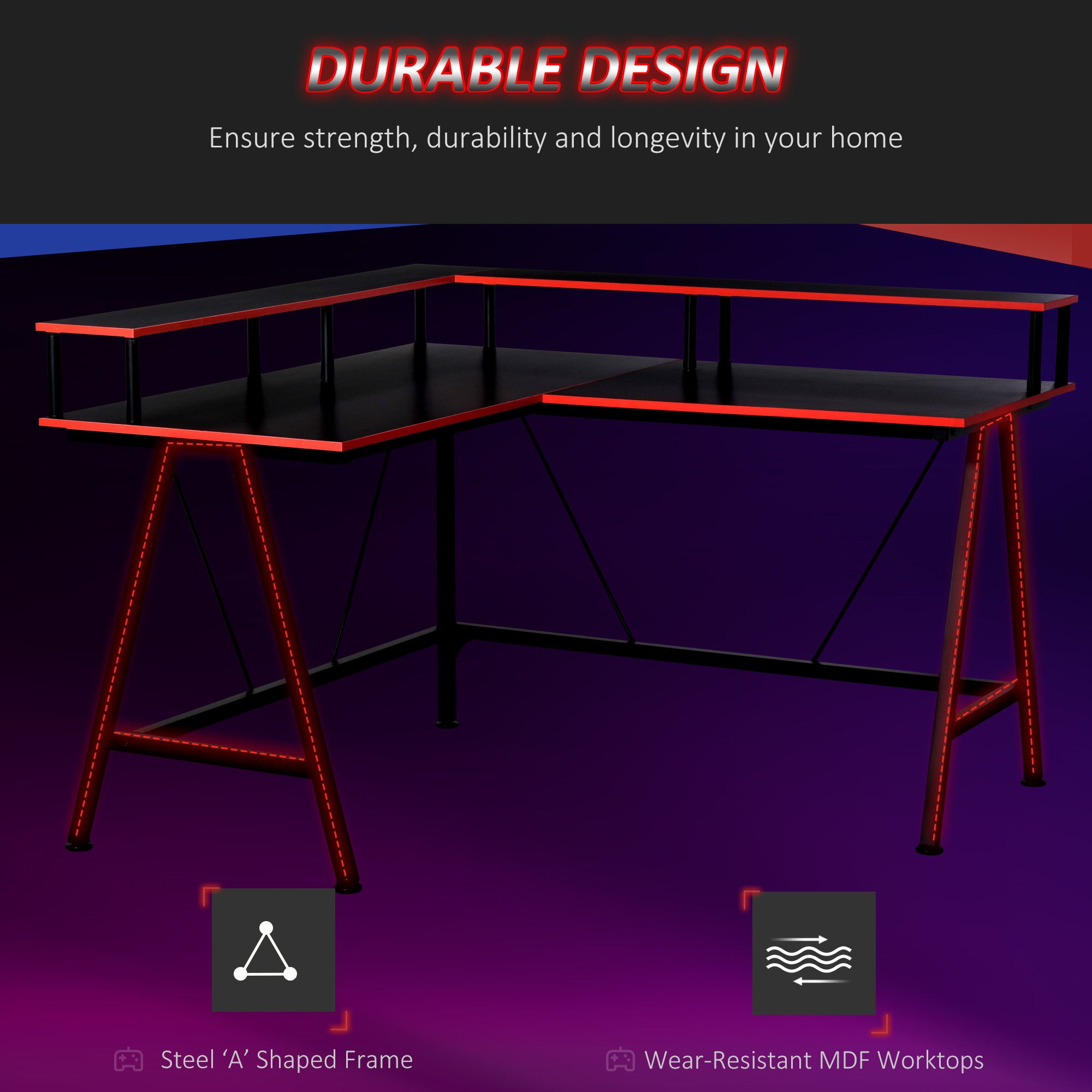 HOMCOM L Shaped Gaming Desk, Corner Computer Desk with Monitor Stand for Home Office, 140 x 130 x 93cm, Black and Red - North Peak Garden Furniture