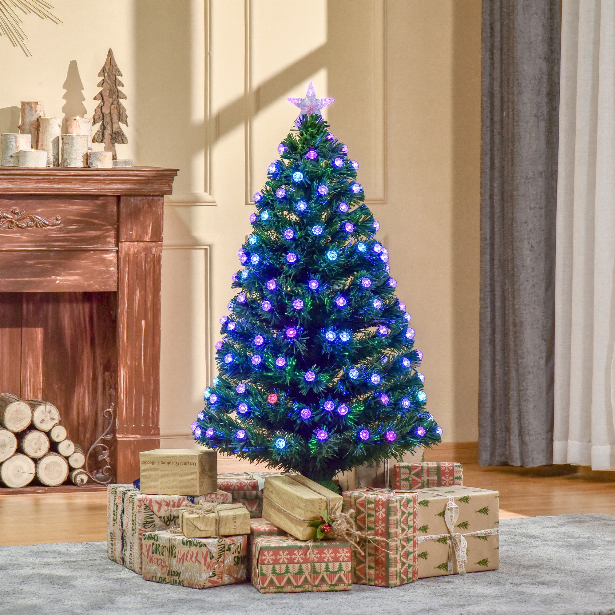 HOMCOM 4FT Pre-Lit Artificial Christmas Tree w/Fibre Optic Decorations LED Light Holiday Home Xmas Decoration-Green - North Peak Garden Furniture