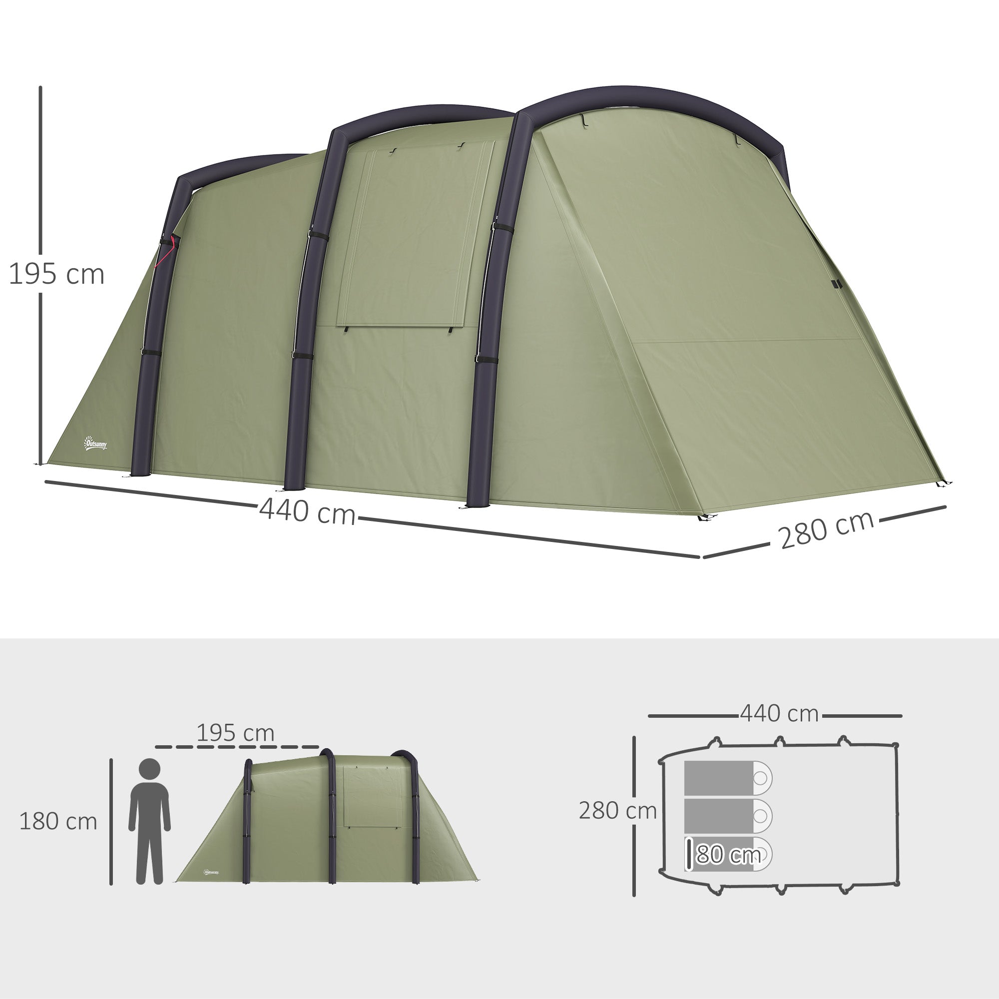 Outsunny Inflatable 3-4 Man Tunnel Tent w/ Air Pump, Living Area & Vestibule, Waterproof Family Camping Air Tent w/ Sewn In Groundsheet & Removable Footprint for Camping, Hiking, Olive Green - North Peak Garden Furniture