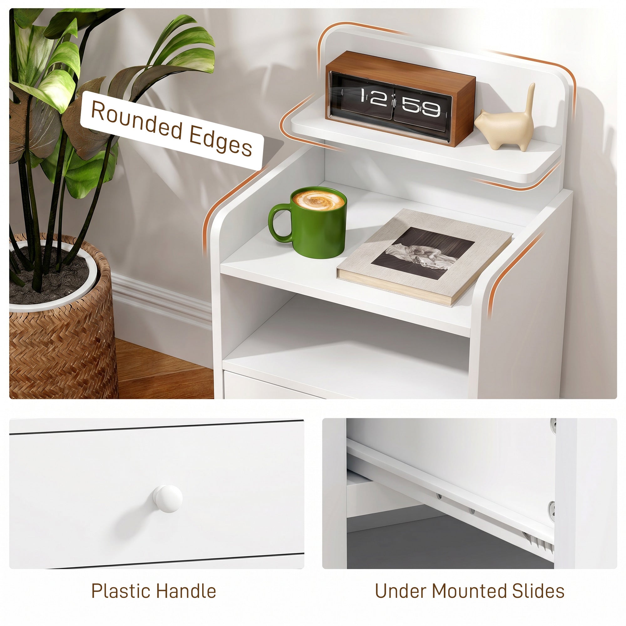 HOMCOM Bedside Cabinet, Bedside Table with Drawer and Shelf for Living Room, White