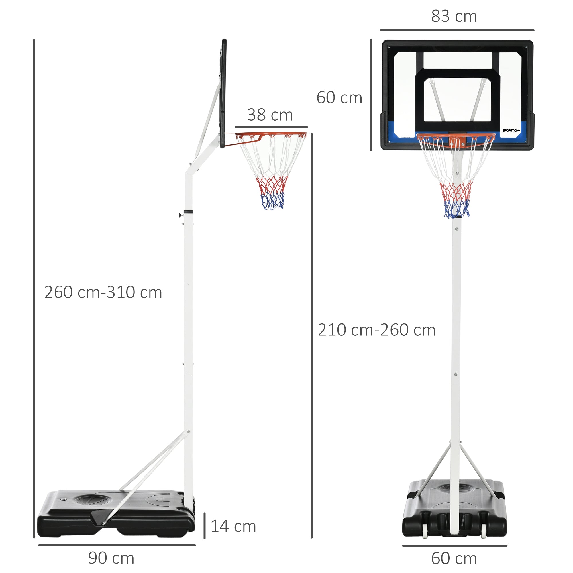 SPORTNOW 2.1-2.6m Adjustable Basketball Hoop and Basketball Stand w/ Backboard and Weighted Base, Portable on Wheels, White - North Peak Garden Furniture