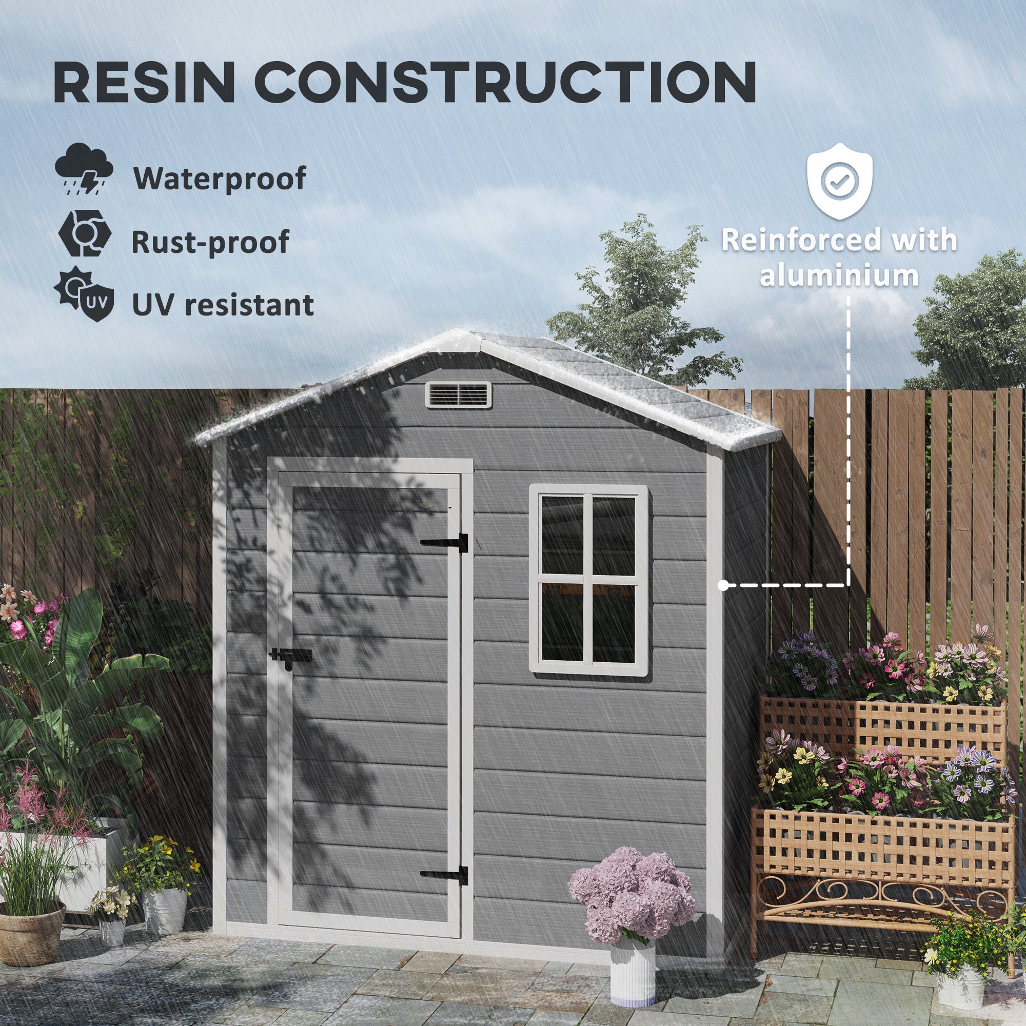 Outsunny 6 x 4ft Garden Shed, Plastic Shed with Floor, Window, Lockable Door and Vents, Wood Effect Resin Tool Shed for Outdoor, Grey - North Peak Garden Furniture