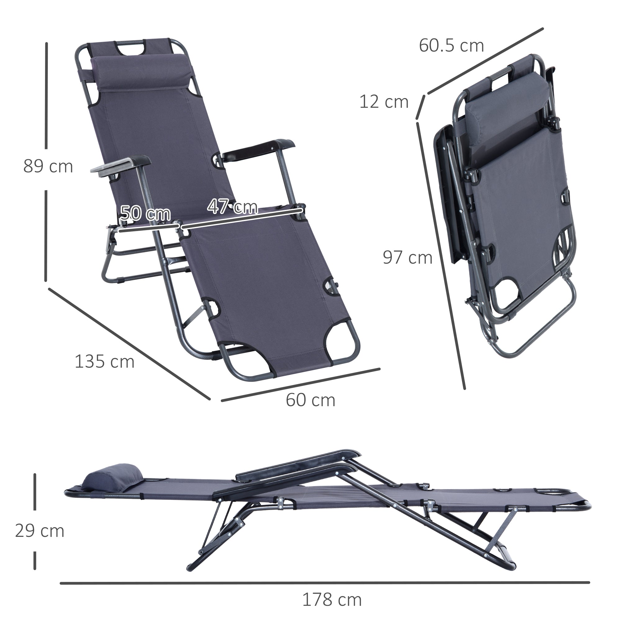 Outsunny 2 in 1 Sun Lounger Folding Reclining Chair Garden Outdoor Camping Adjustable Back with Pillow Grey