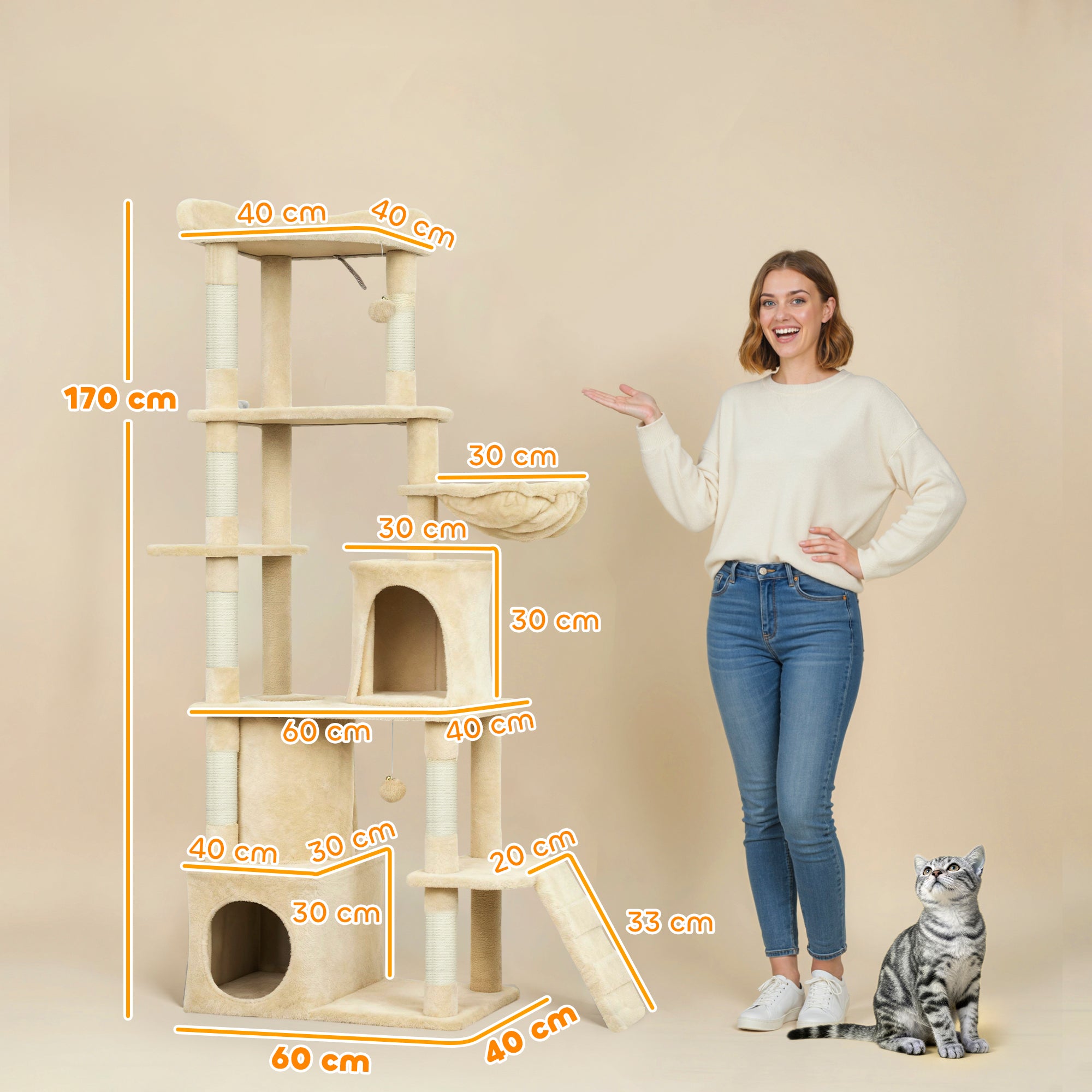 PawHut 170 cm Large Cat Tree, Cat Tower with 7 Scratching Posts, Tunnel, 2 Condos, Hammock, Perch, Ramp, Pompoms, Beige