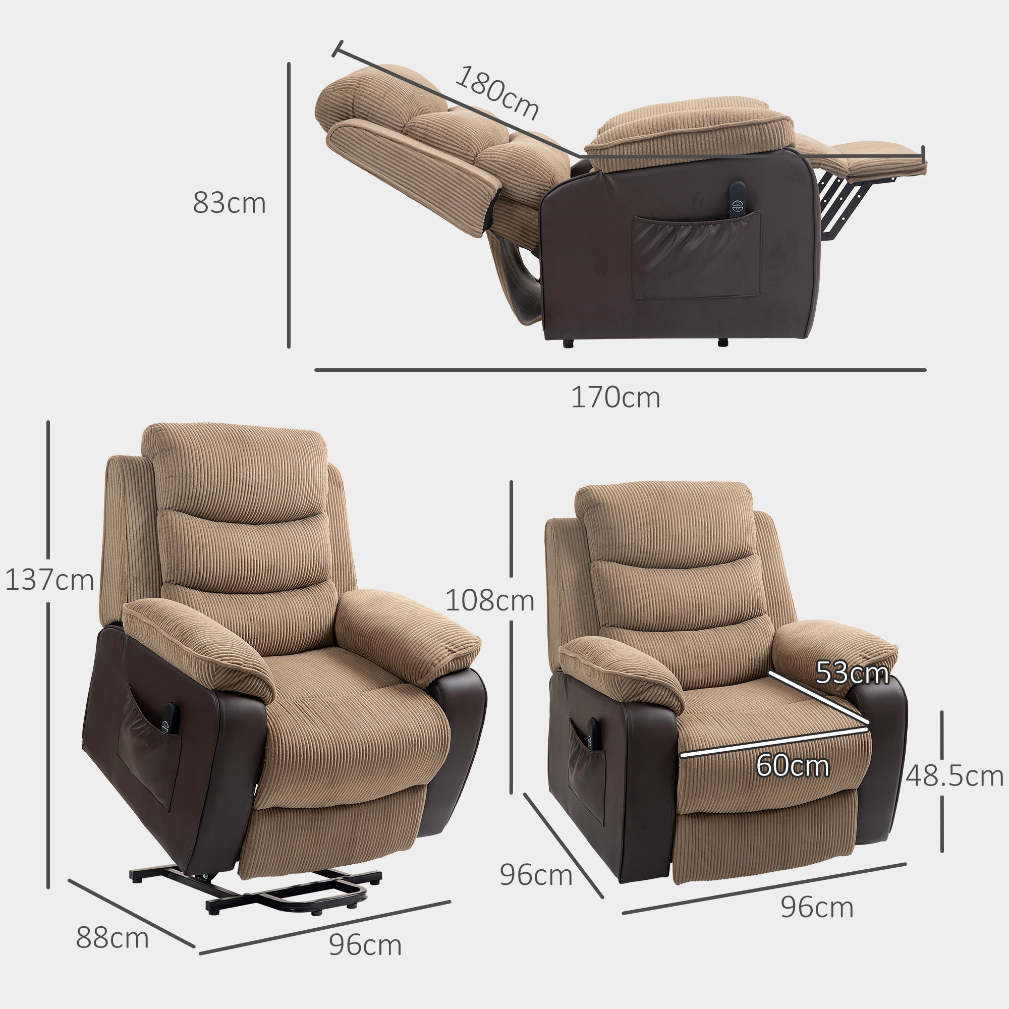 HOMCOM Power Lift Recliner Chair for Elderly, Patchwork Design Oversized Electric Riser and Recliner Armchair for Living Room with Remote Control and 2 Side Pockets, Brown - North Peak Garden Furniture