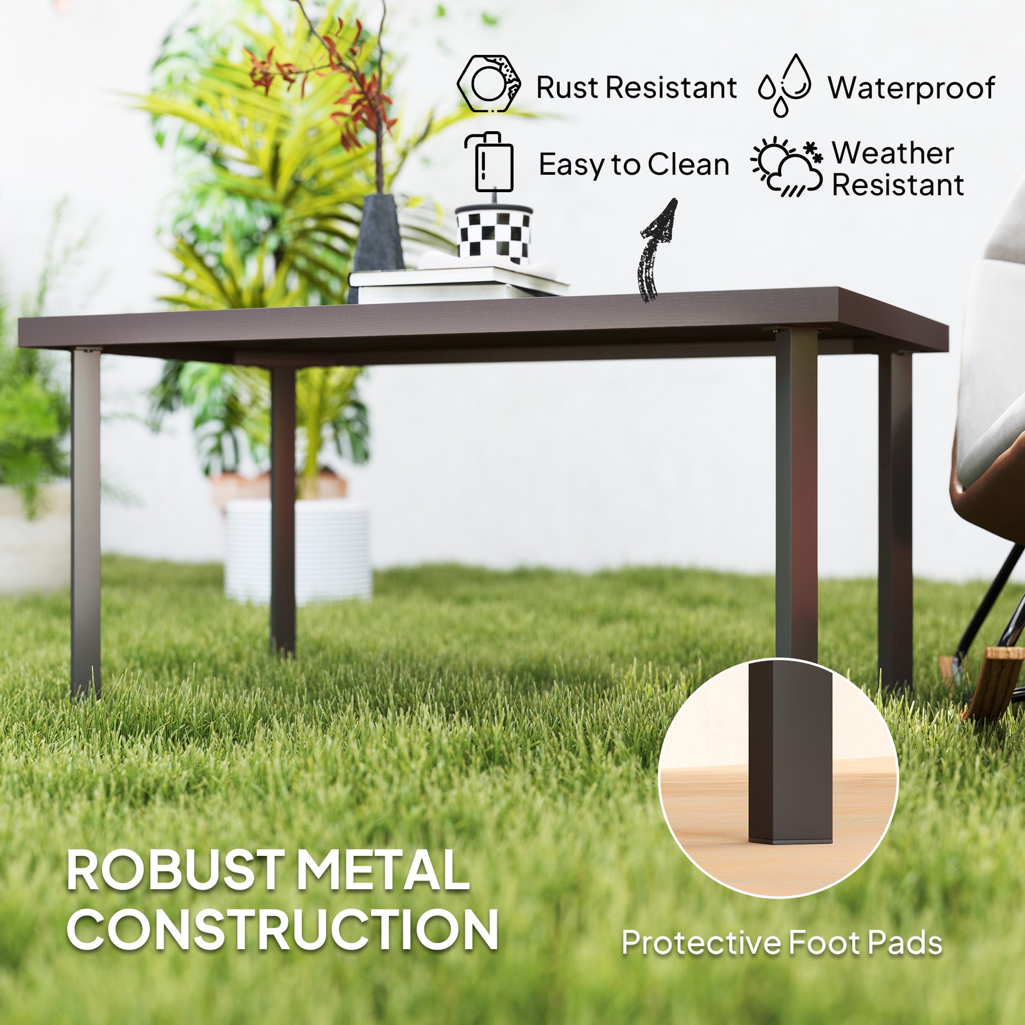 Outsunny Metal Garden Coffee Table, Rectangular Outdoor Side Table with Woodgrain Tabletop, Foot Pads for Outside, Garden, Balcony, Porch, 95 x 55 x 46cm, Brown - North Peak Garden Furniture