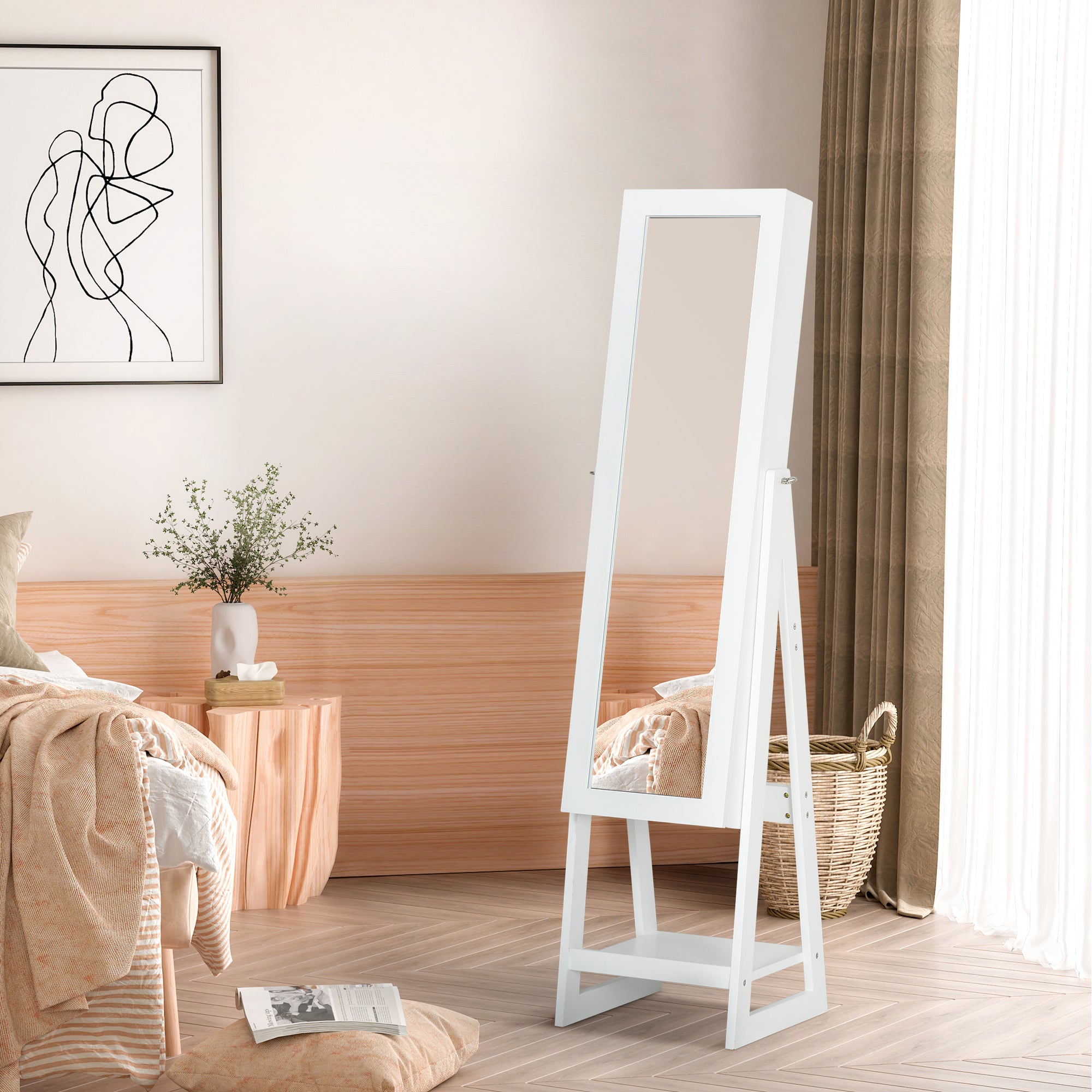 HOMCOM Jewellery Cabinet, Standing Mirror with LED Lights, Full-Length Mirror with Storage Drawers, Hooks and Shelves, Make-Up Armoire, Jewellery Organiser for Bedroom, White - North Peak Garden Furniture