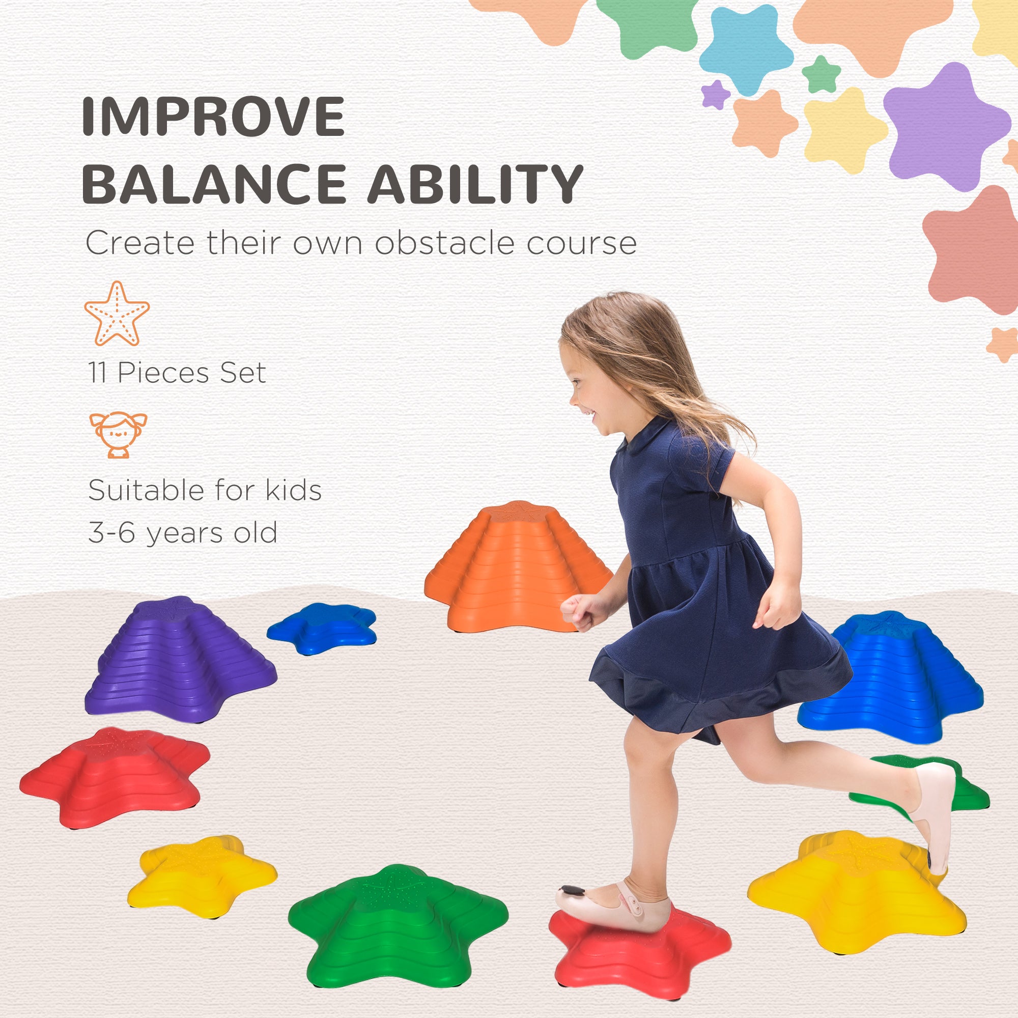 Outsunny 11-Piece Balance Stepping Stones for Kids Starfish Style Non-slip Obstacle Course Stackable Balance Blocks Garden Toys Encourage Toddler Balance Indoor Outdoor - Multicoloured