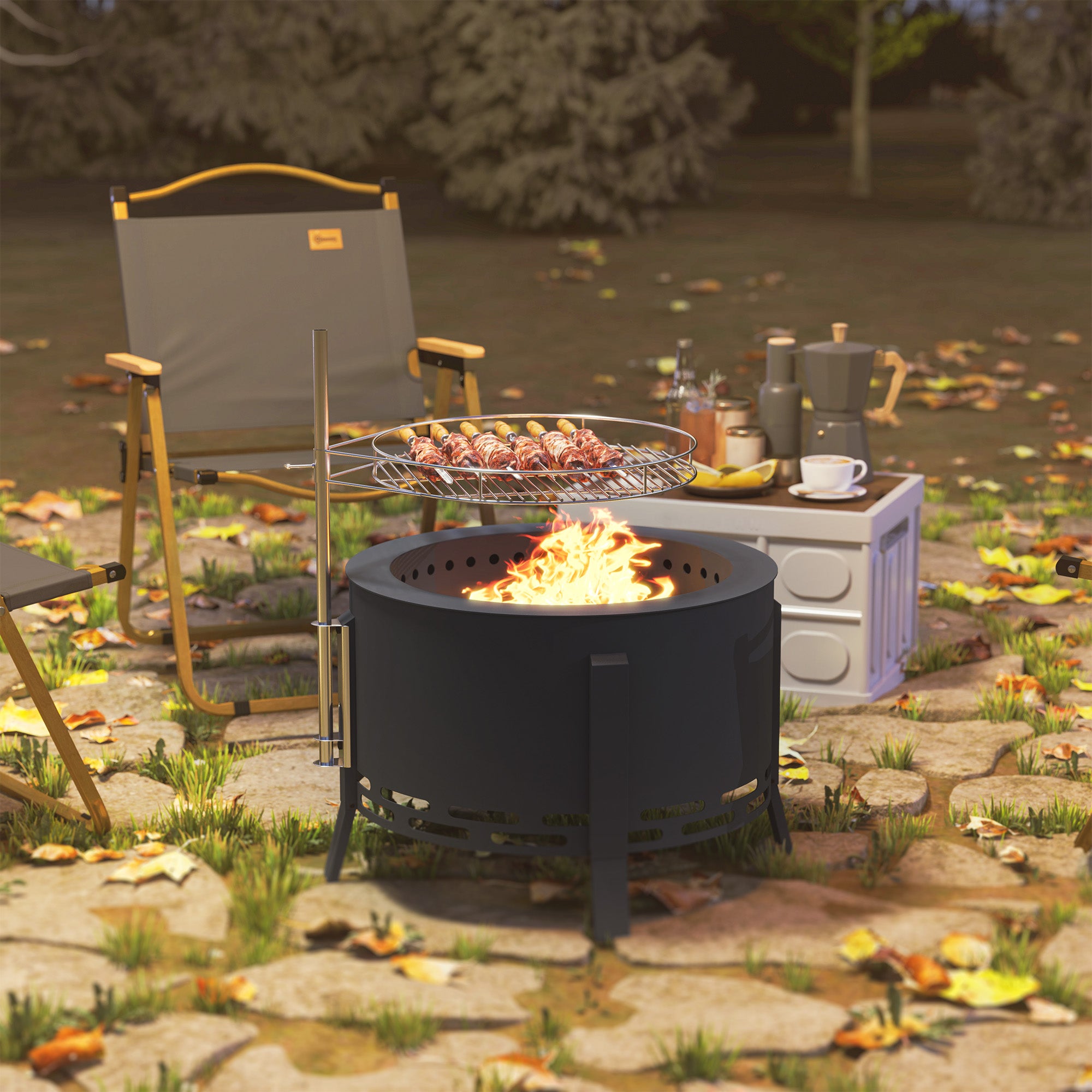 Outsunny Portable Fire Pit, 58 cm Round Firepit with Grill Grate, Fire Bowl with Ash Catcher and Poker, Fire Pit BBQ for Garden Camping Bonfire Picnic, Black - North Peak Garden Furniture