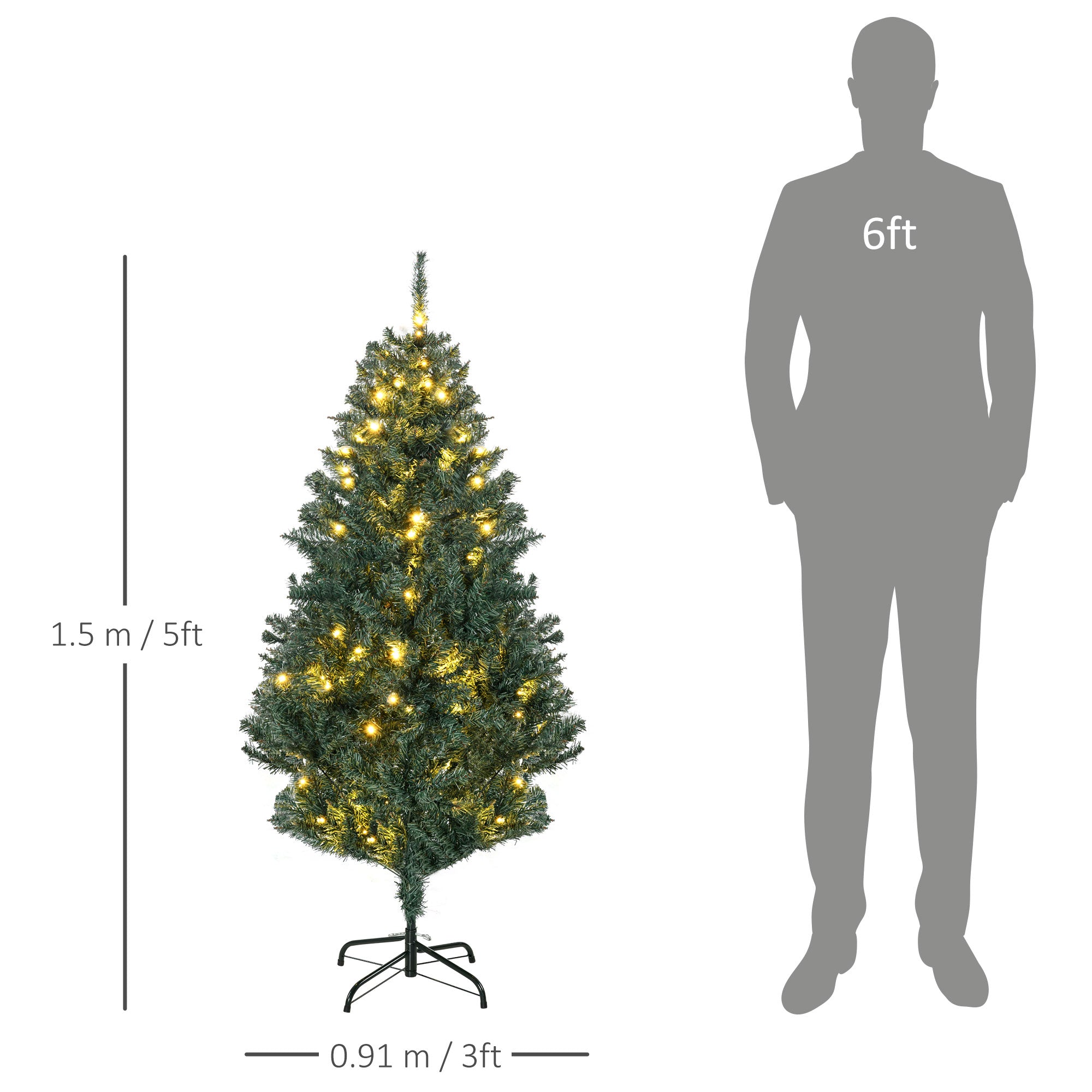 HOMCOM 5' Artificial Prelit Christmas Trees Holiday Décor with Warm White LED Lights, Decoration, Banner, Tag, Ball - North Peak Garden Furniture